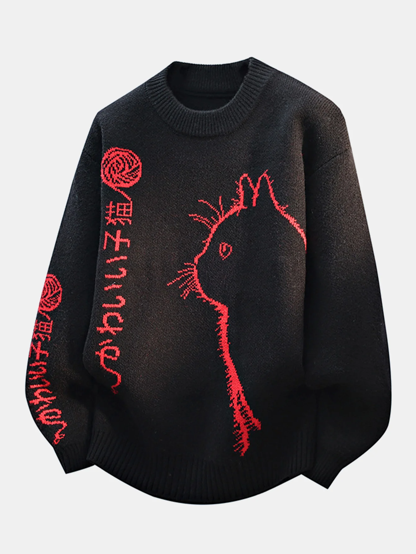 Japanese Cat Print Crew Neck Sweater - Image 3