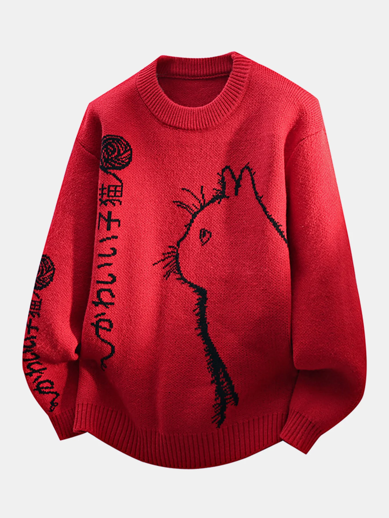 Japanese Cat Print Crew Neck Sweater - Image 6