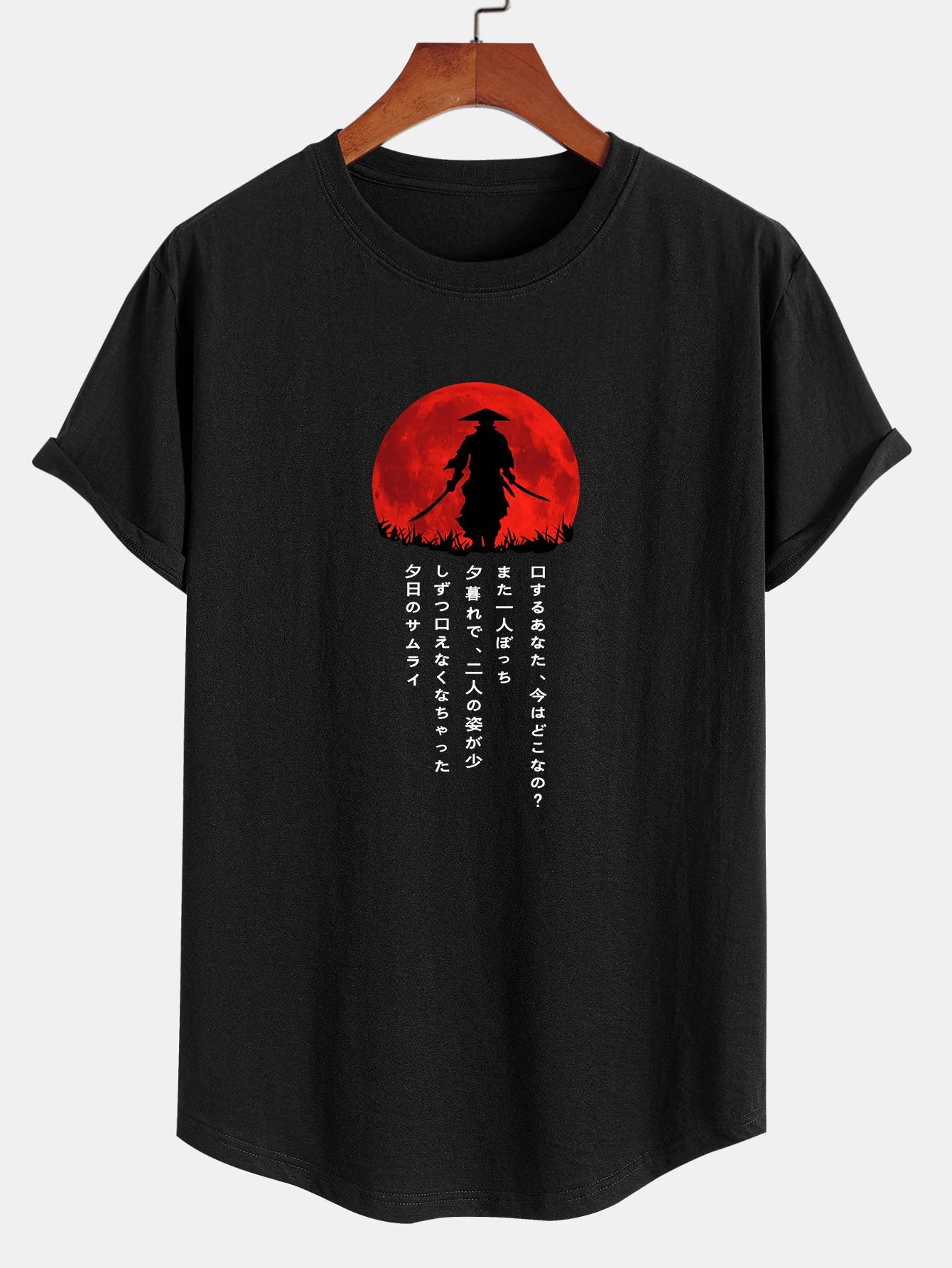 Japanischer Samurai-Druck Baumwolle Bogen-Saum T-Shirt
