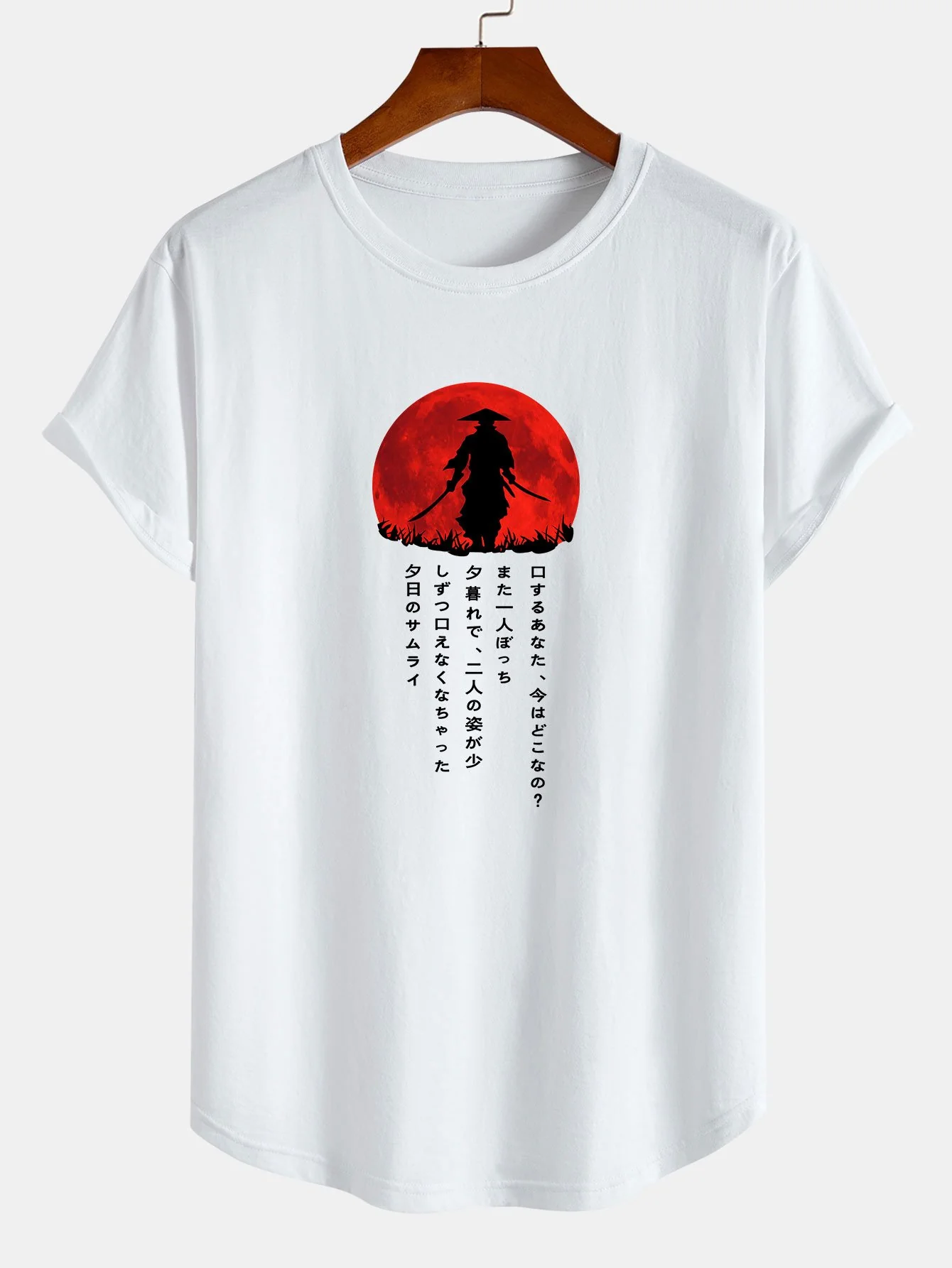 Japanischer Samurai-Druck Baumwolle Bogen-Saum T-Shirt - Image 3