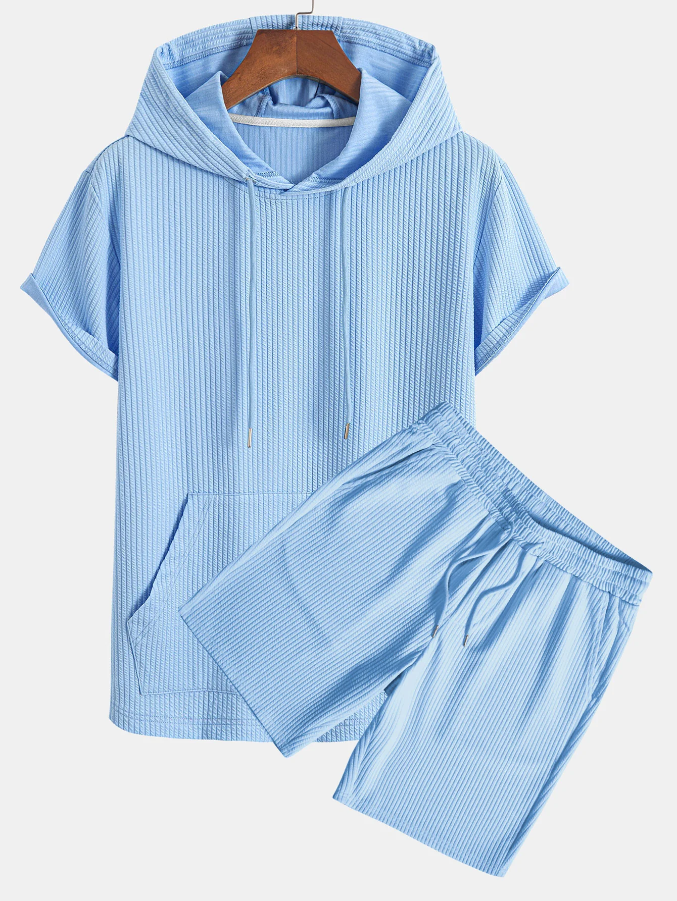 Kängurutasche Geripptes Kapuzen-T-Shirt & Gerippte Shorts mit Kordelzug - Image 3