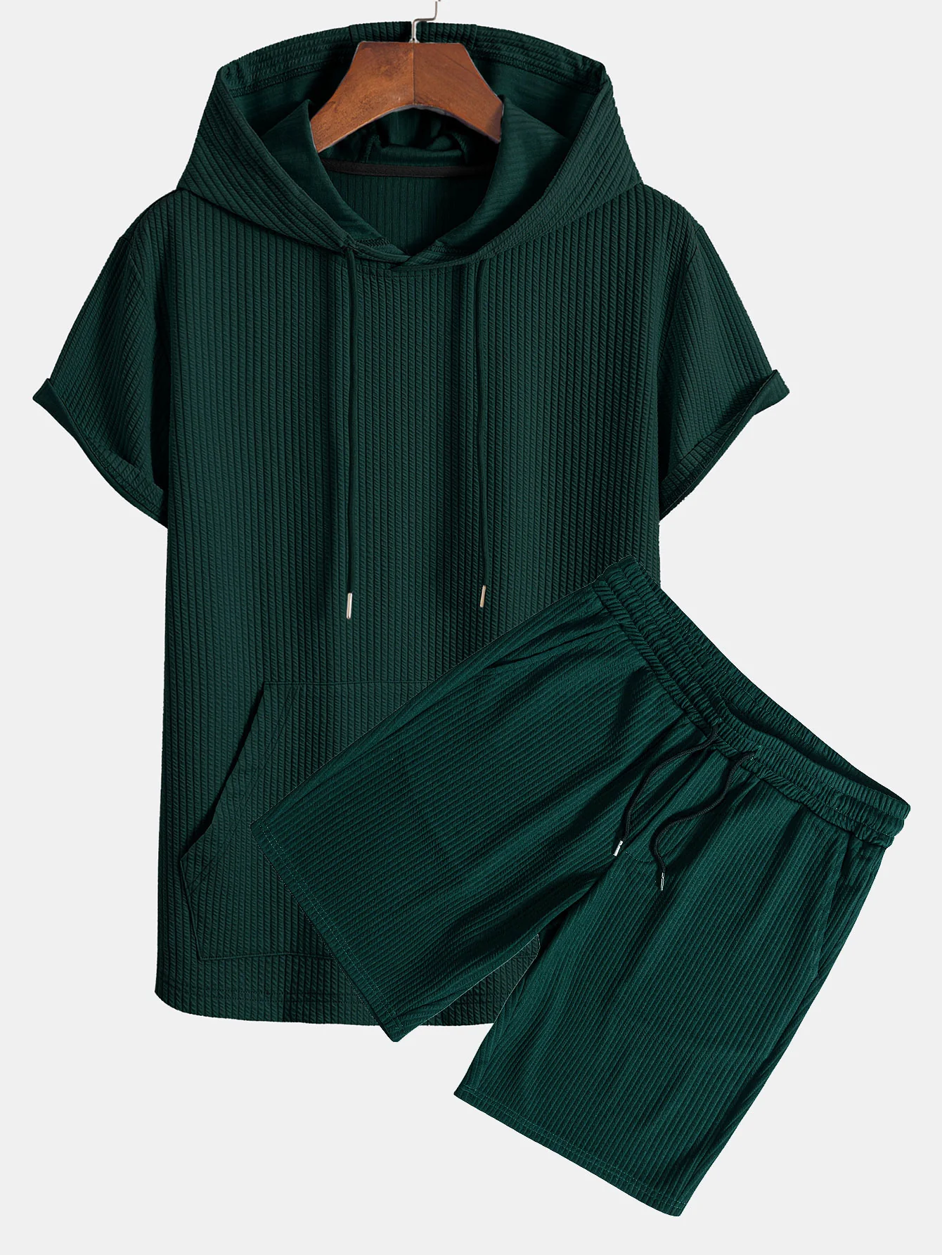 Kängurutasche Geripptes Kapuzen-T-Shirt & Gerippte Shorts mit Kordelzug - Image 4