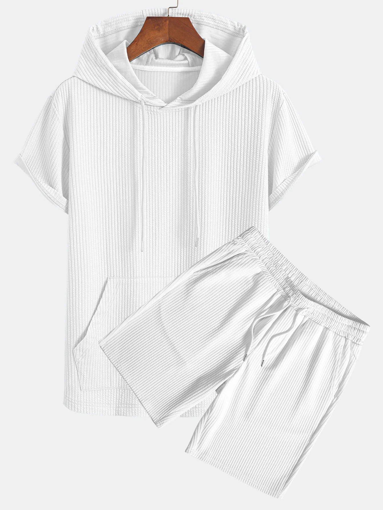 Kängurutasche Geripptes Kapuzen-T-Shirt & Gerippte Shorts mit Kordelzug - Image 5