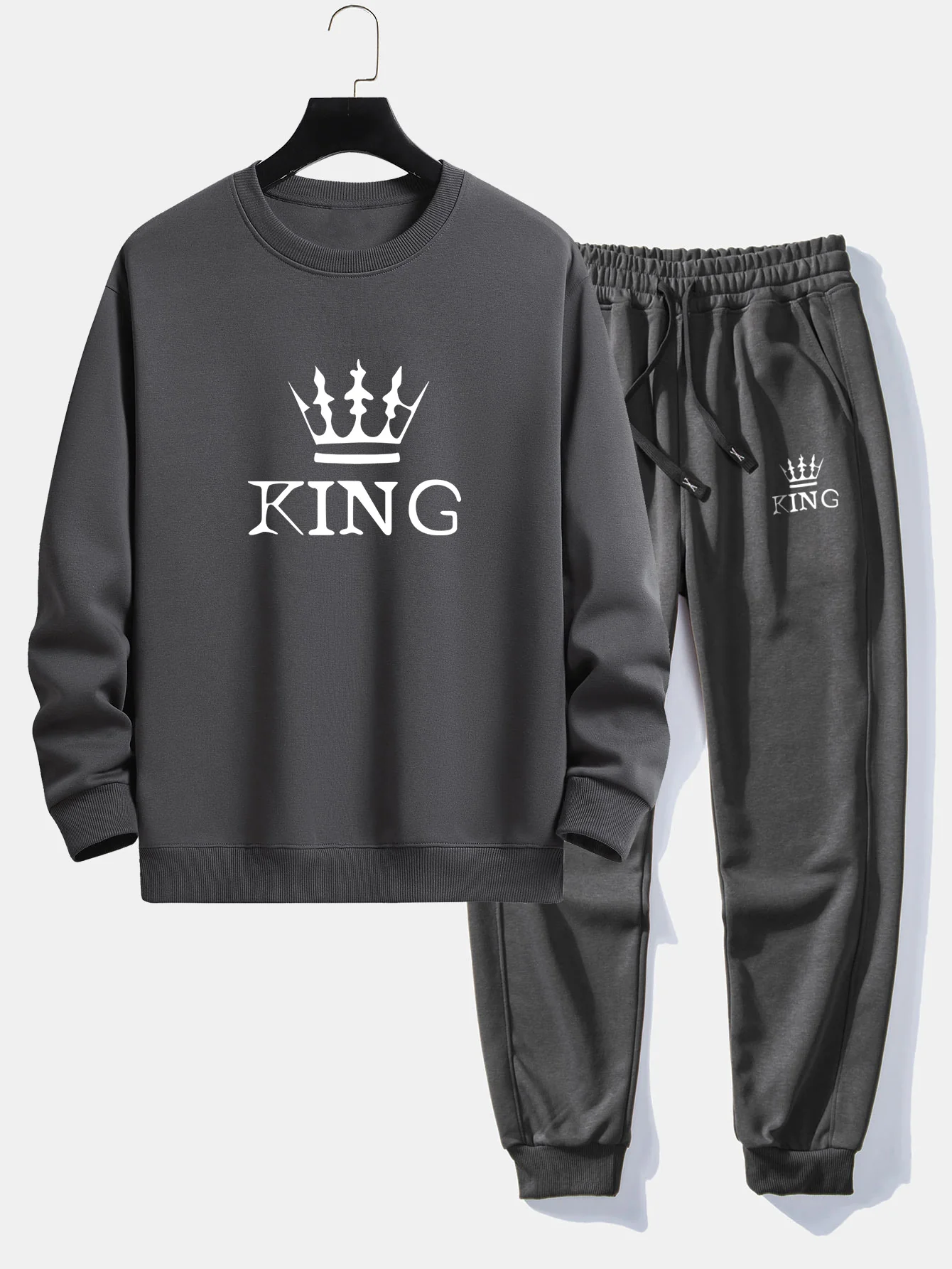 King Crown Print Relaxed Fit Rundhals Sweatshirt & Jogginghose