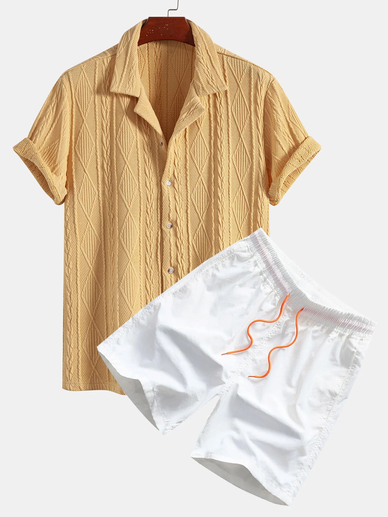 Gestricktes geometrisches Texturiertes Cuban Shirt & Herren Mid-Length Drawstring Badeshorts