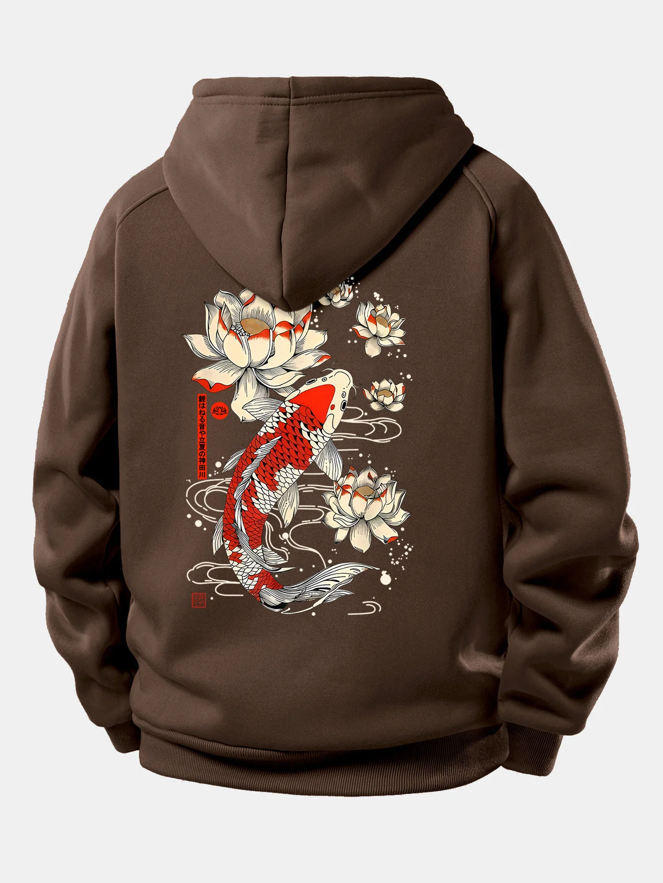 Koi Fish Lotus Print Drawstring Hoodie - Image 11