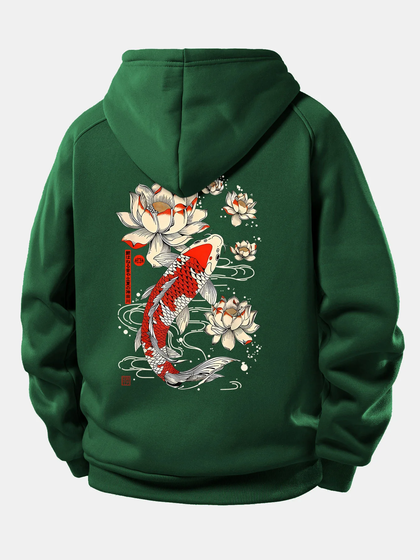 Koi Fish Lotus Print Drawstring Hoodie - Image 13