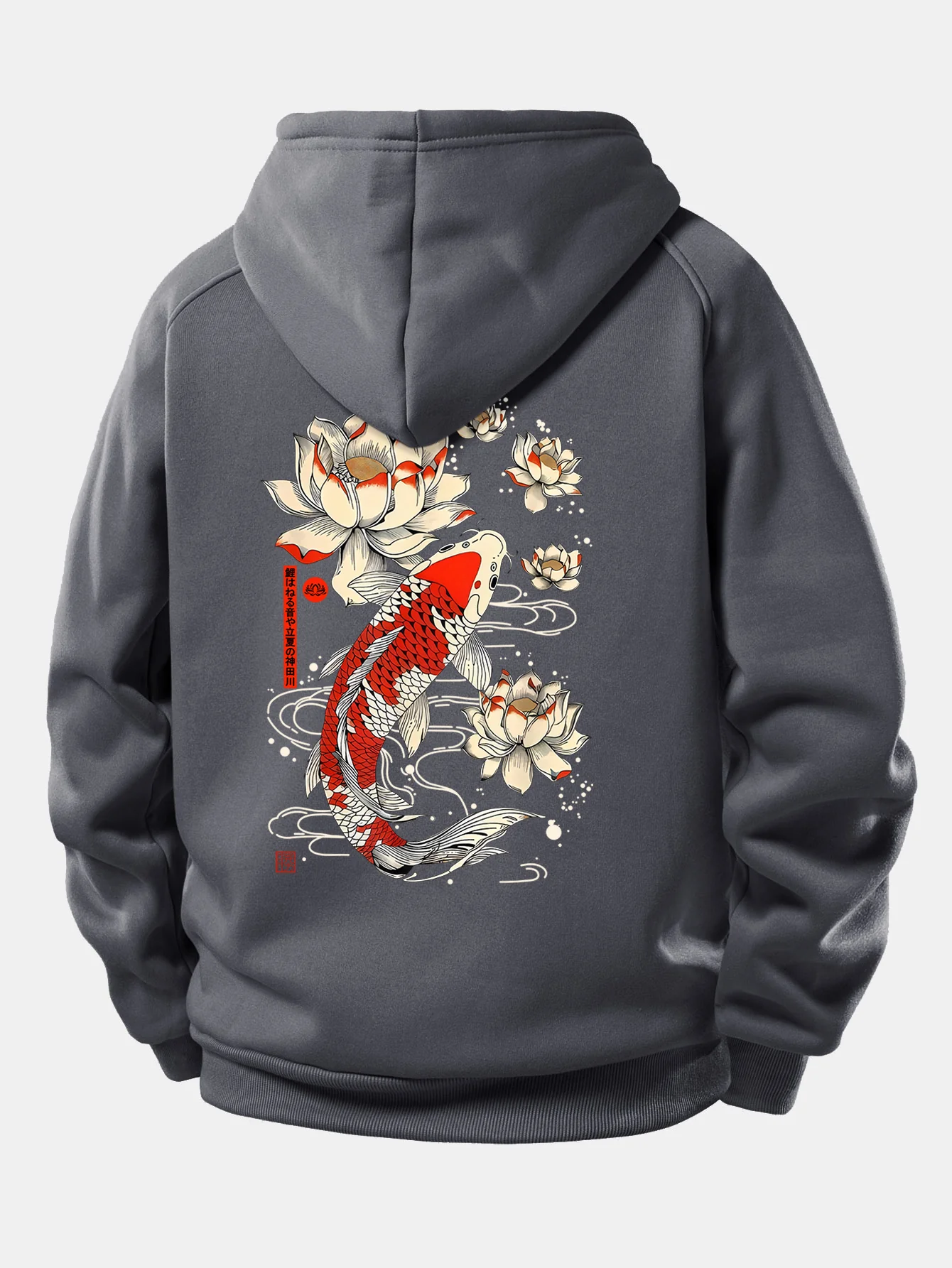 Koi Fish Lotus Print Drawstring Hoodie - Image 17