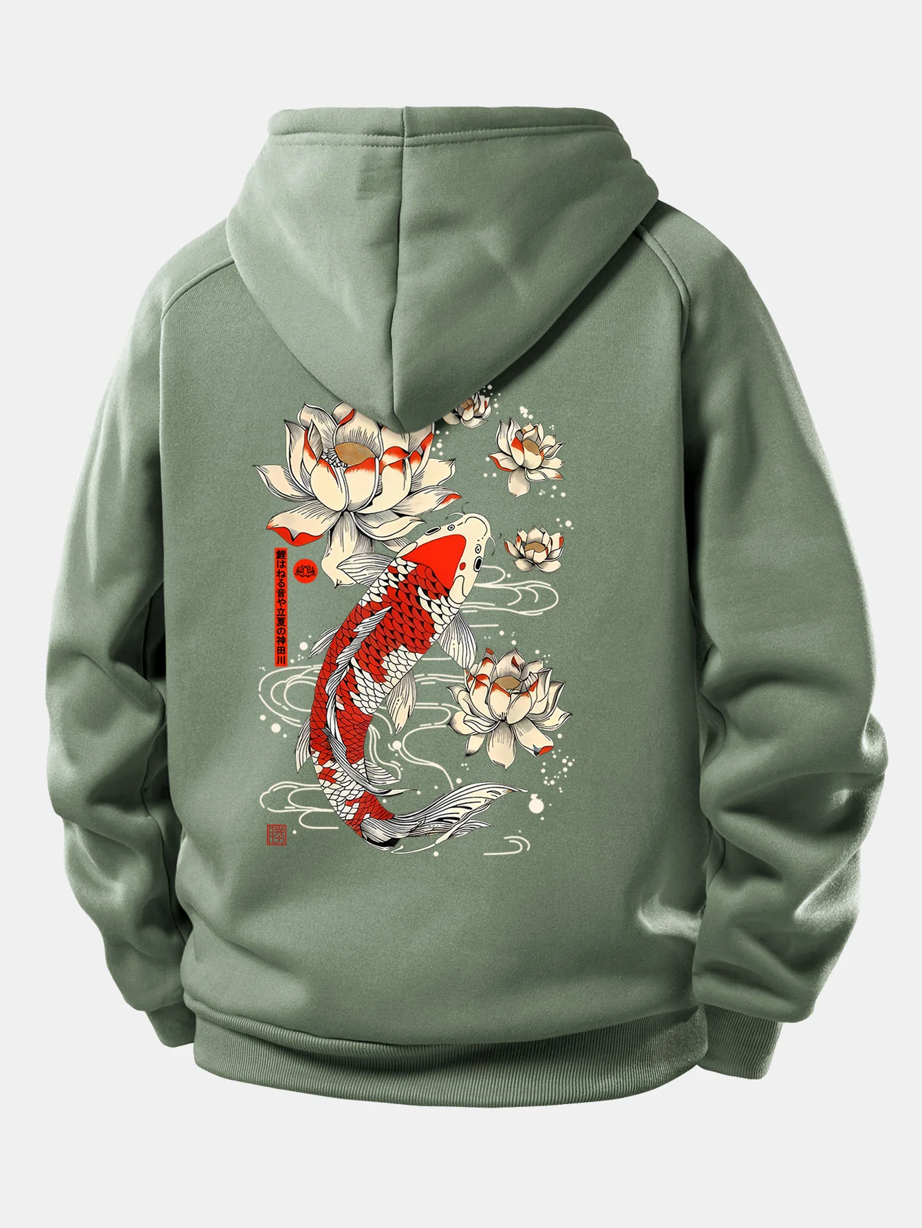 Koi Fish Lotus Print Drawstring Hoodie - Image 19