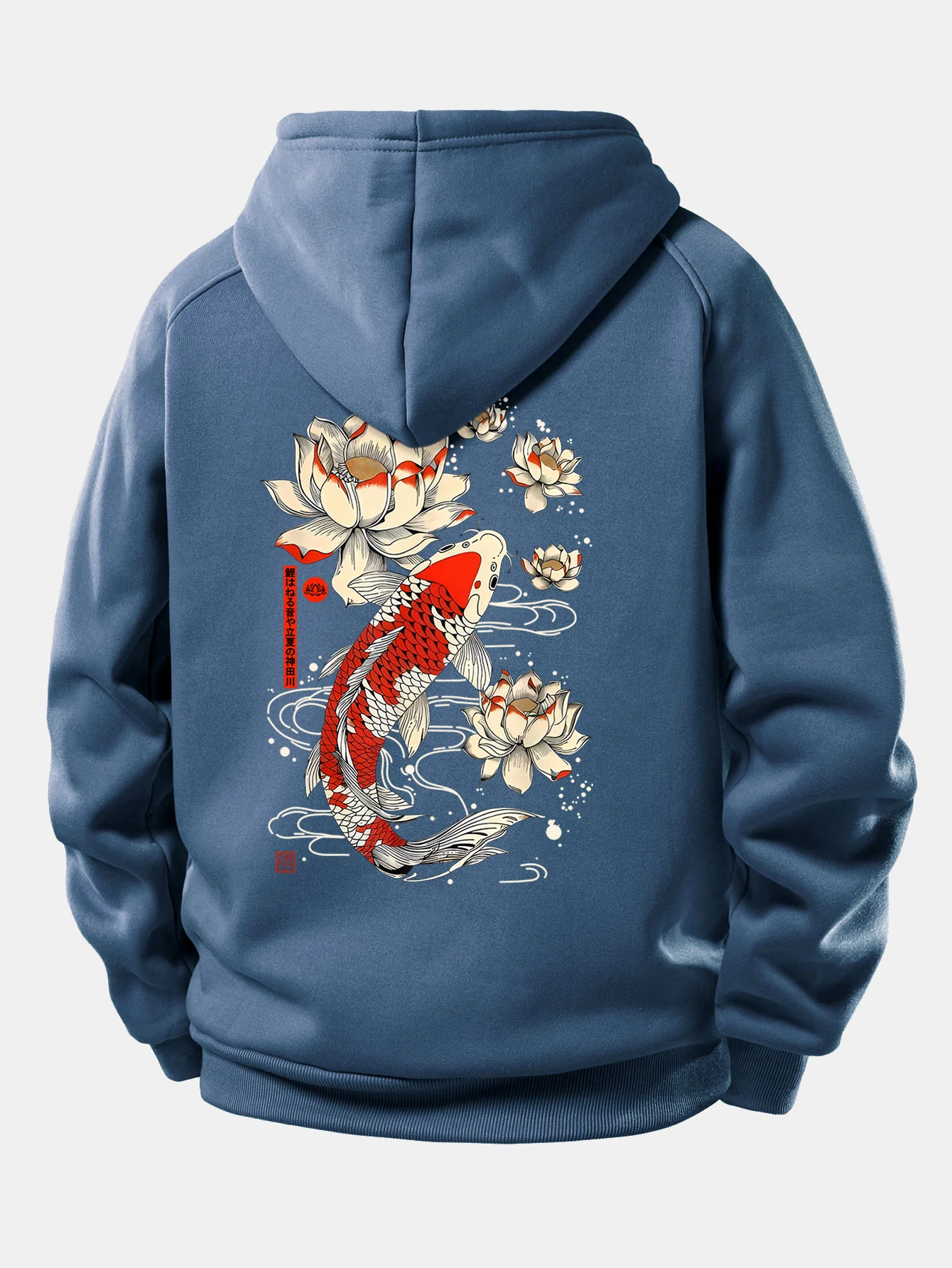 Koi Fish Lotus Print Drawstring Hoodie - Image 21