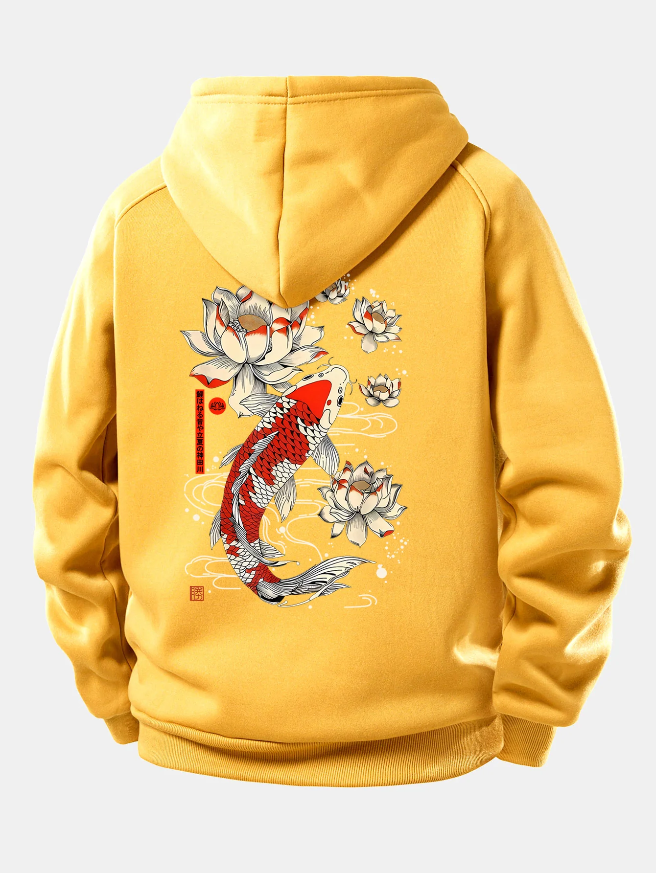 Koi Fish Lotus Print Drawstring Hoodie - Image 23