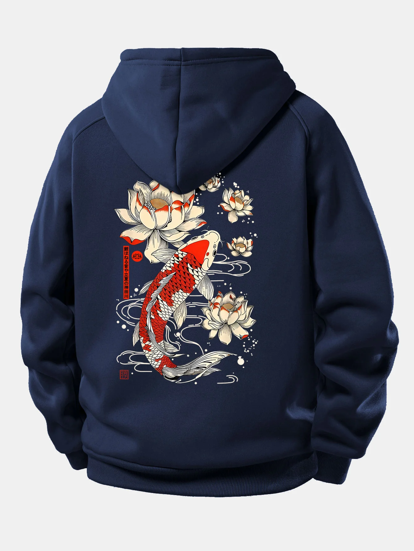 Koi Fish Lotus Print Drawstring Hoodie - Image 3