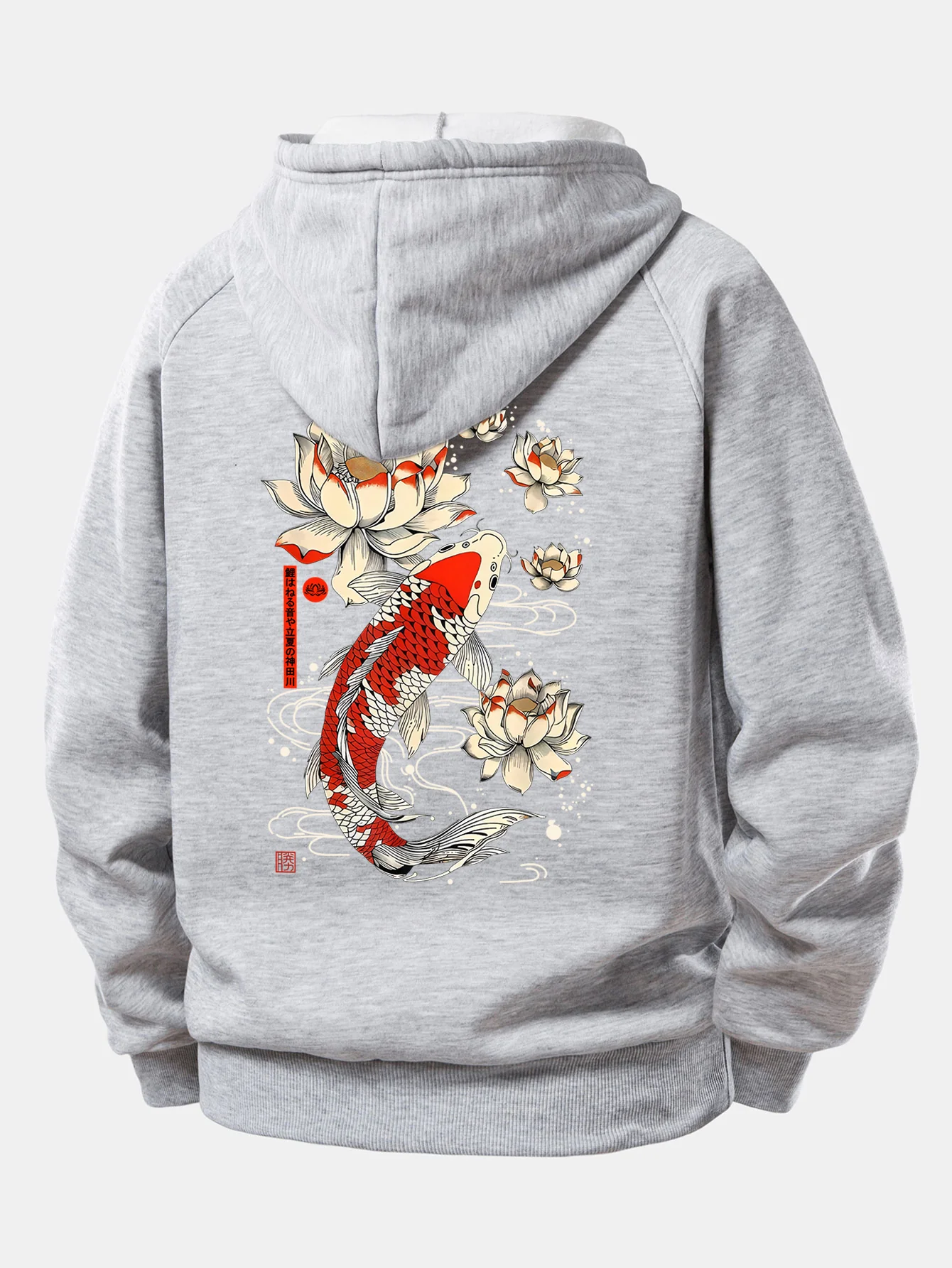 Koi Fish Lotus Print Drawstring Hoodie - Image 7