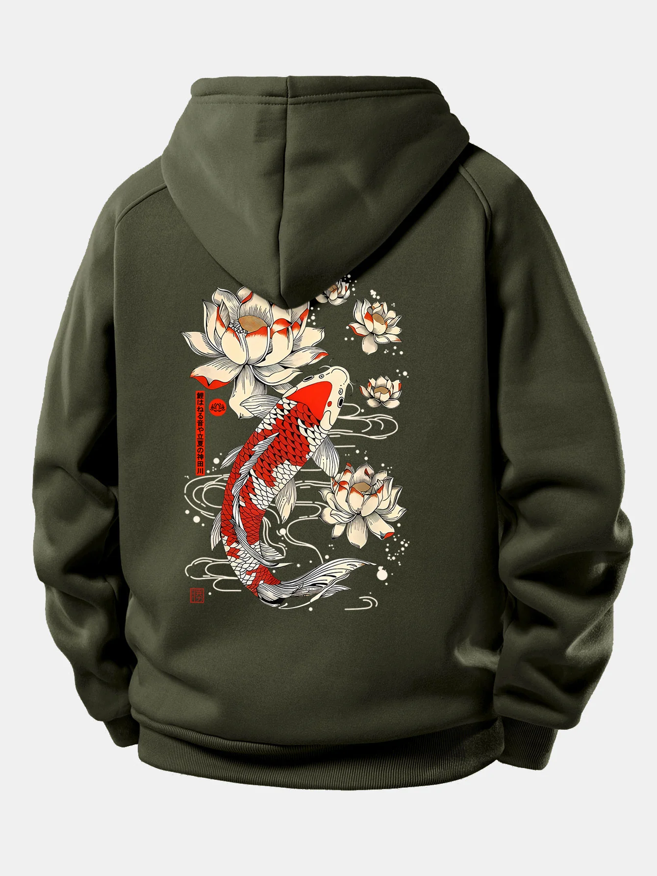 Koi Fish Lotus Print Drawstring Hoodie - Image 9