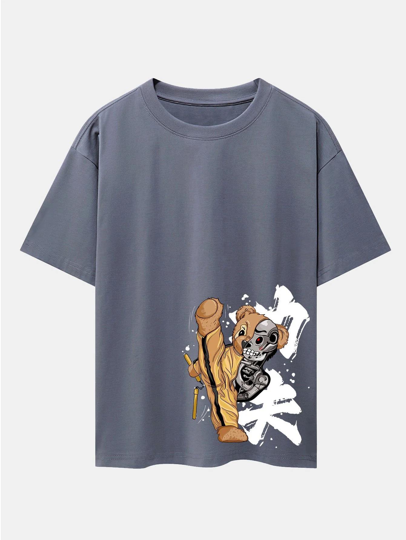 Kung Fu Bär Print Drop Shoulder Oversize T-Shirt - Image 4