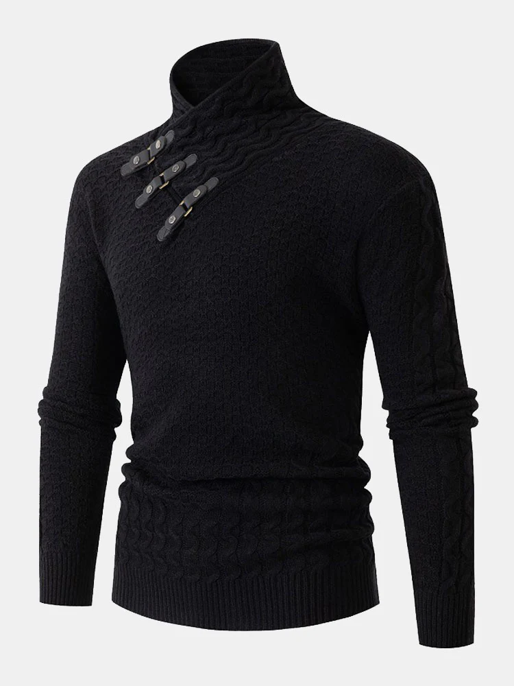 Leder Schnalle Strick Jacquard Rollkragenpullover - Image 3