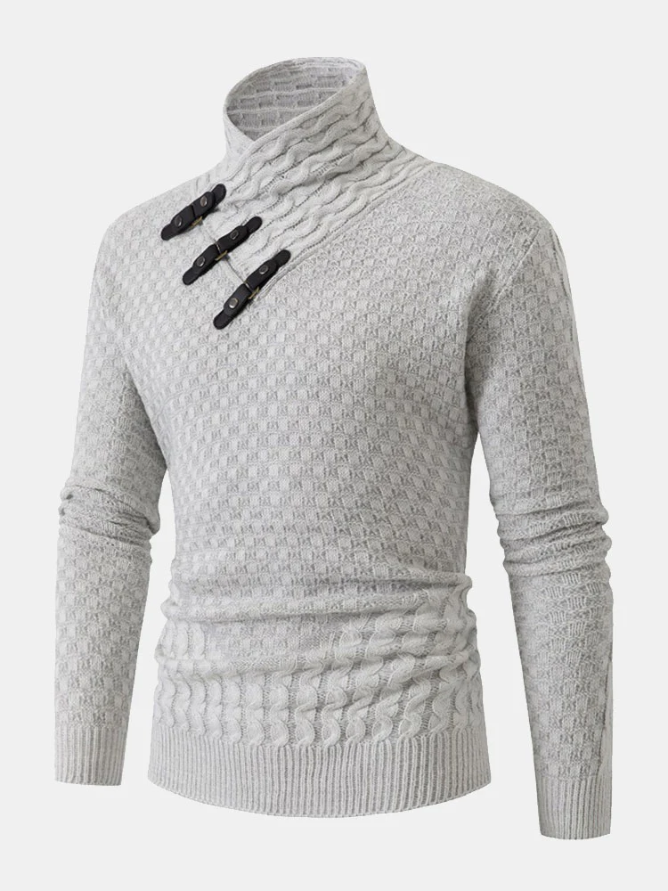 Leder Schnalle Strick Jacquard Rollkragenpullover - Image 4