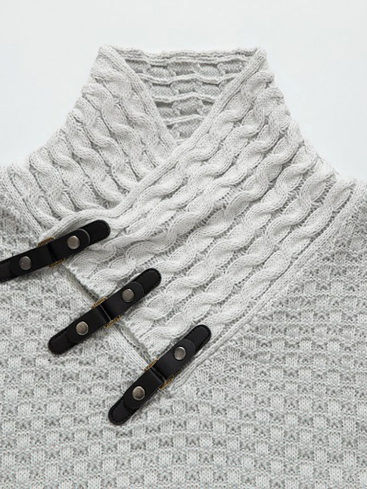 Leder Schnalle Strick Jacquard Rollkragenpullover - Image 6