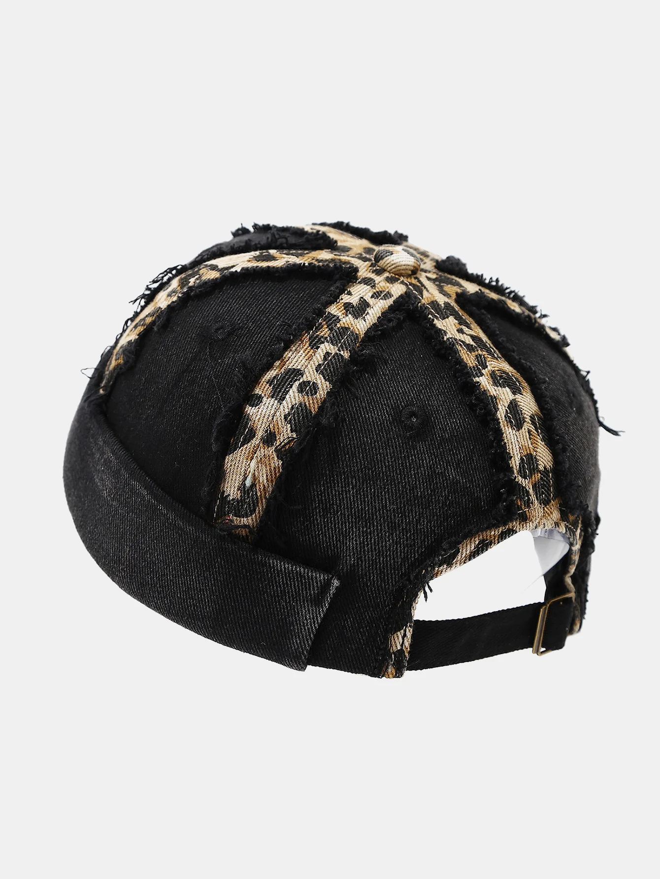 Leopard Patch Distressed Brimless Docker Cap Vintage Washed Rolled Edge Skullcap Y2K Streetwear Miki Hat With Adjustable Strap