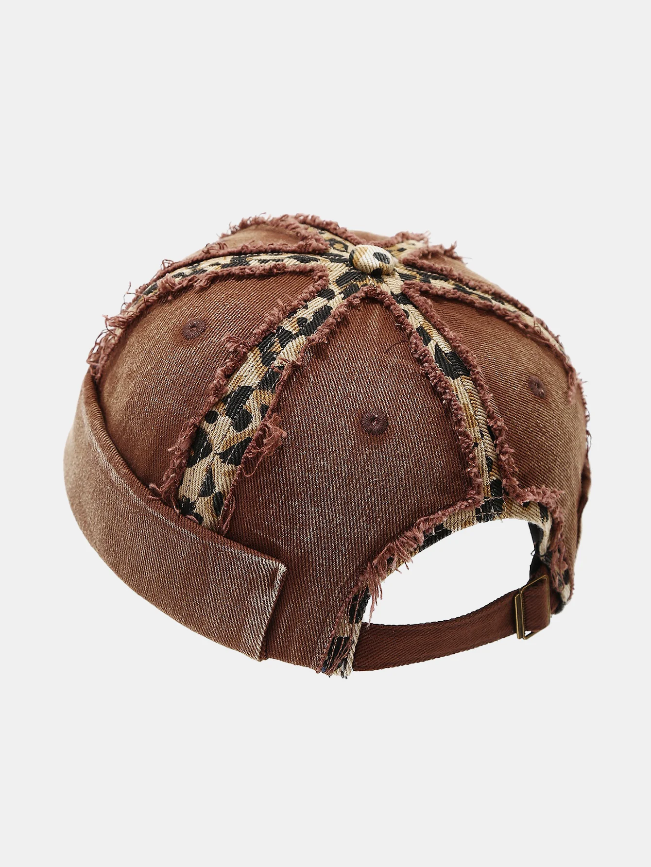 Leopard Patch Distressed Brimless Docker Cap Vintage Washed Rolled Edge Skullcap Y2K Streetwear Miki Hat With Adjustable Strap - Image 2