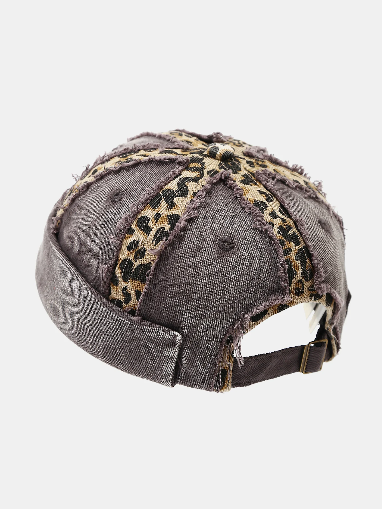 Leopard Patch Distressed Brimless Docker Cap Vintage Washed Rolled Edge Skullcap Y2K Streetwear Miki Hat With Adjustable Strap - Image 3