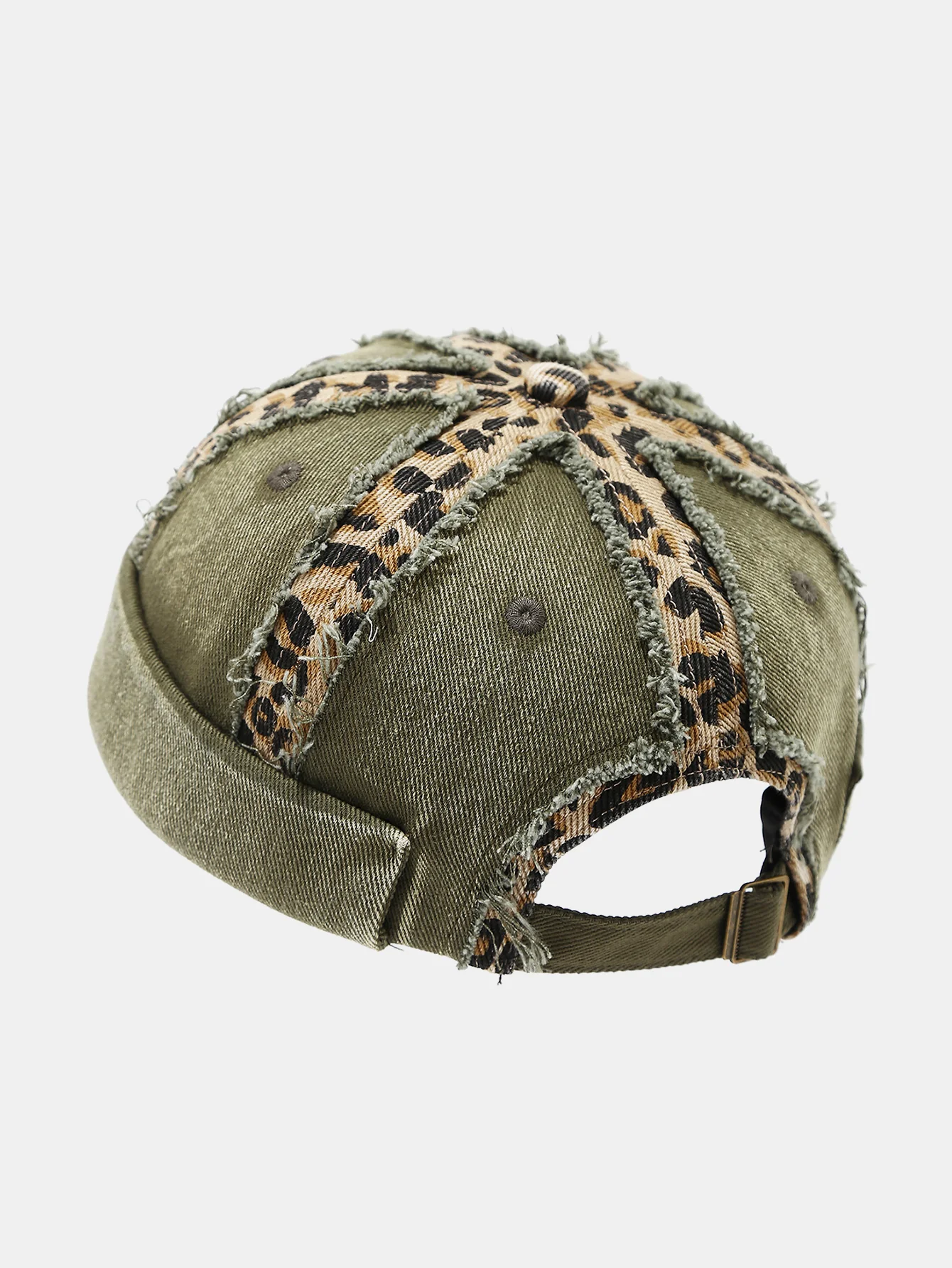 Leopard Patch Distressed Brimless Docker Cap Vintage Washed Rolled Edge Skullcap Y2K Streetwear Miki Hat With Adjustable Strap - Image 5