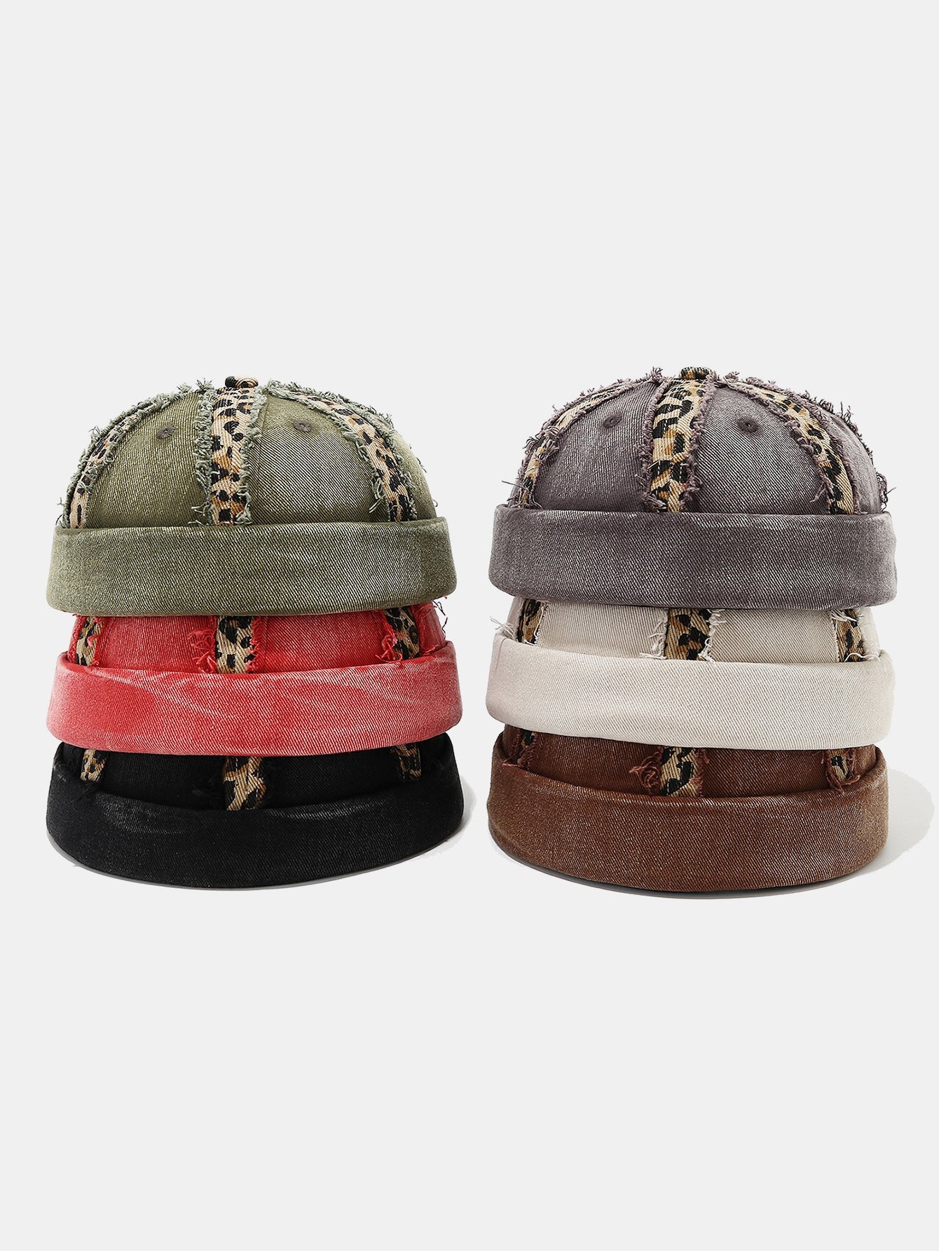 Leopard Patch Distressed Brimless Docker Cap Vintage Washed Rolled Edge Skullcap Y2K Streetwear Miki Hat With Adjustable Strap - Image 7