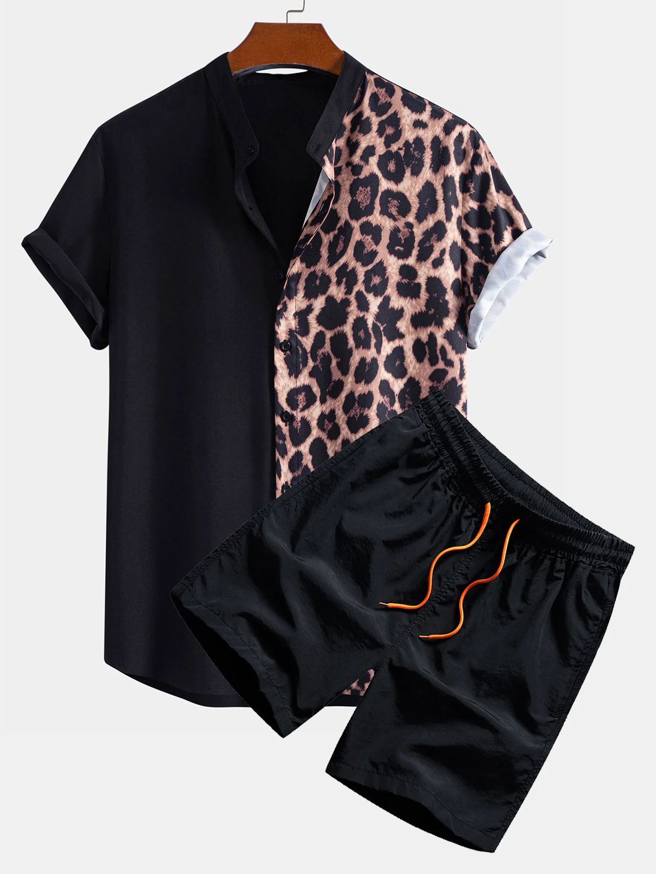 Leopard Patchwork Stand Collar Shirt & Swim Shorts
