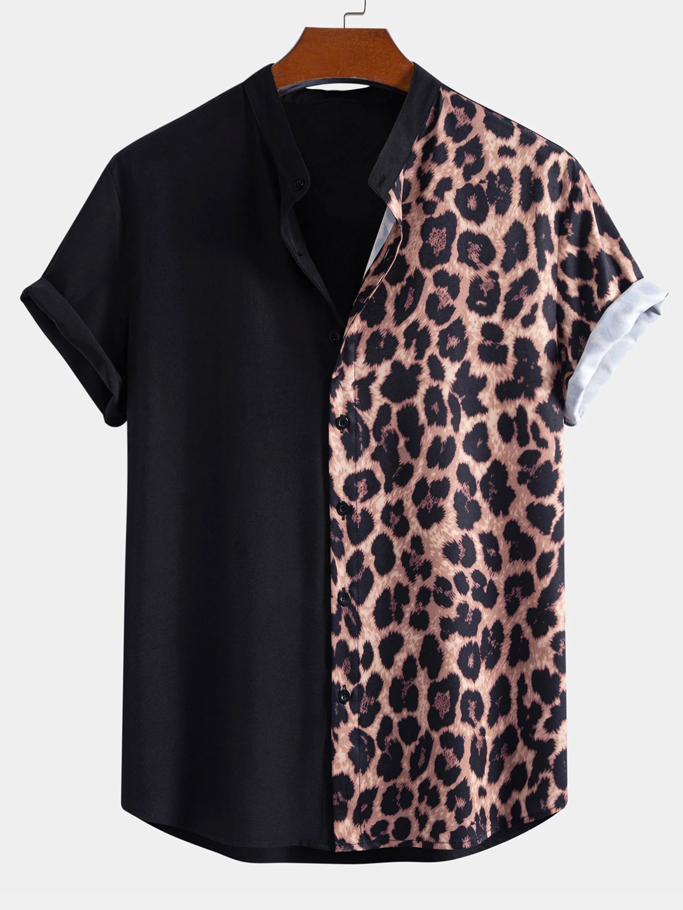 Leopard Patchwork Stand Collar Shirt & Swim Shorts - Image 2