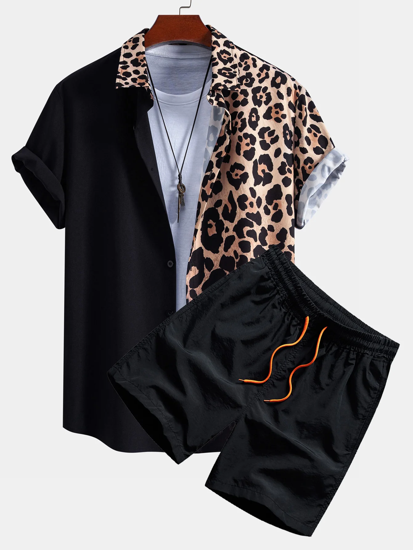 Leopard Print Patchwork Button Up Shirt & Swim Shorts