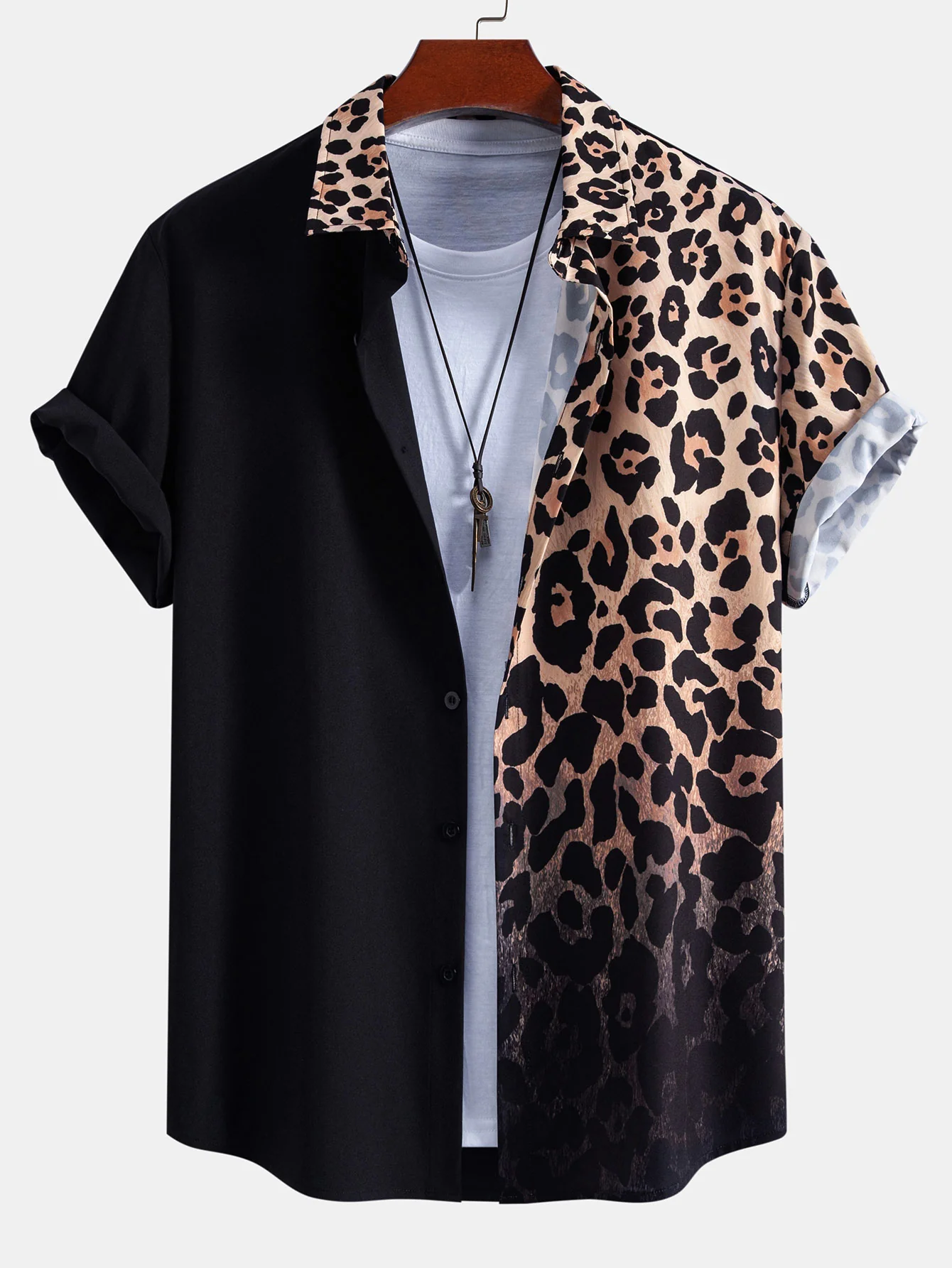 Leopard Print Patchwork Button Up Shirt & Swim Shorts - Image 2