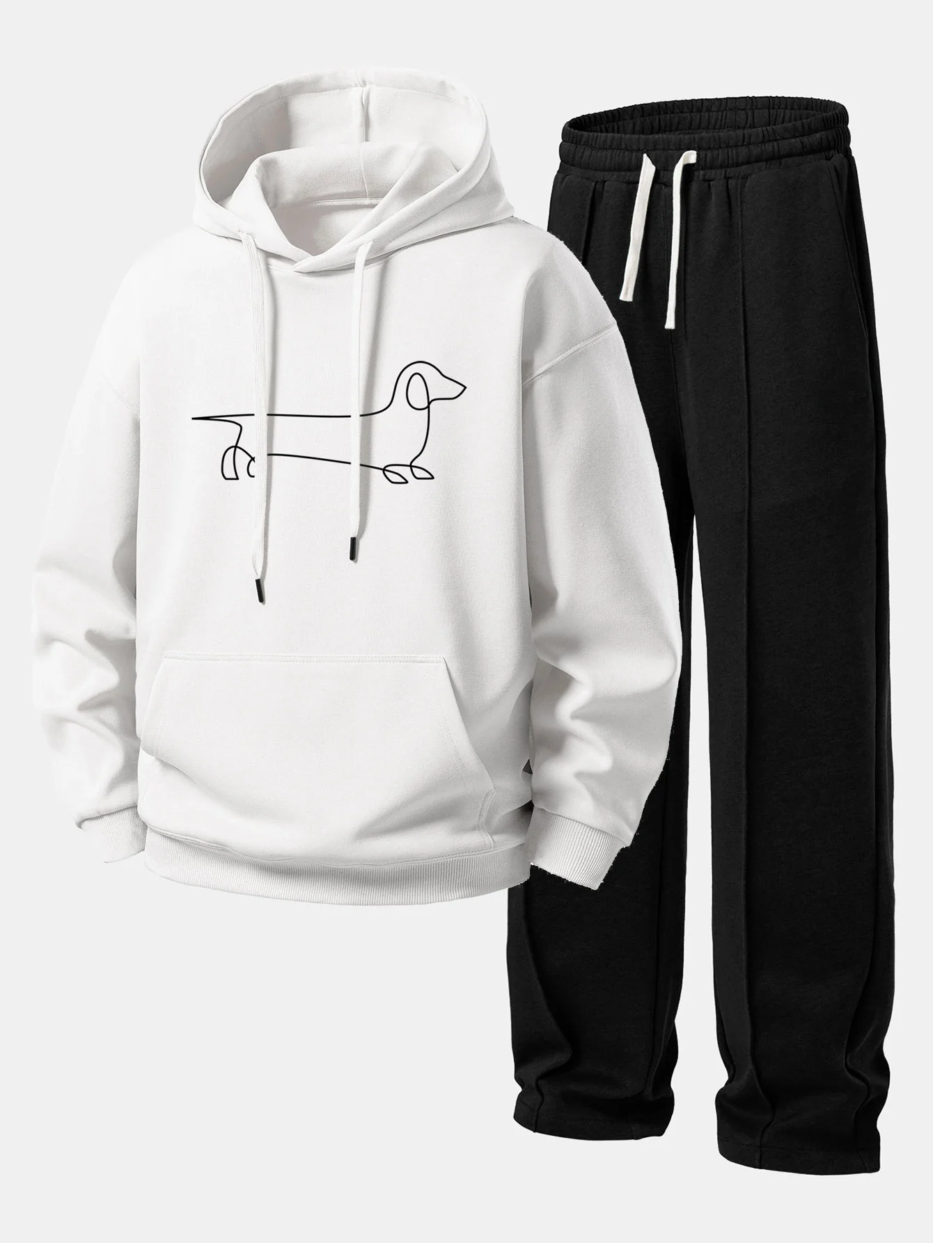 Line Dachshund Print Relax Fit Hoodie & Straight Leg Pleated Pintuck Sweatpants - Image 3