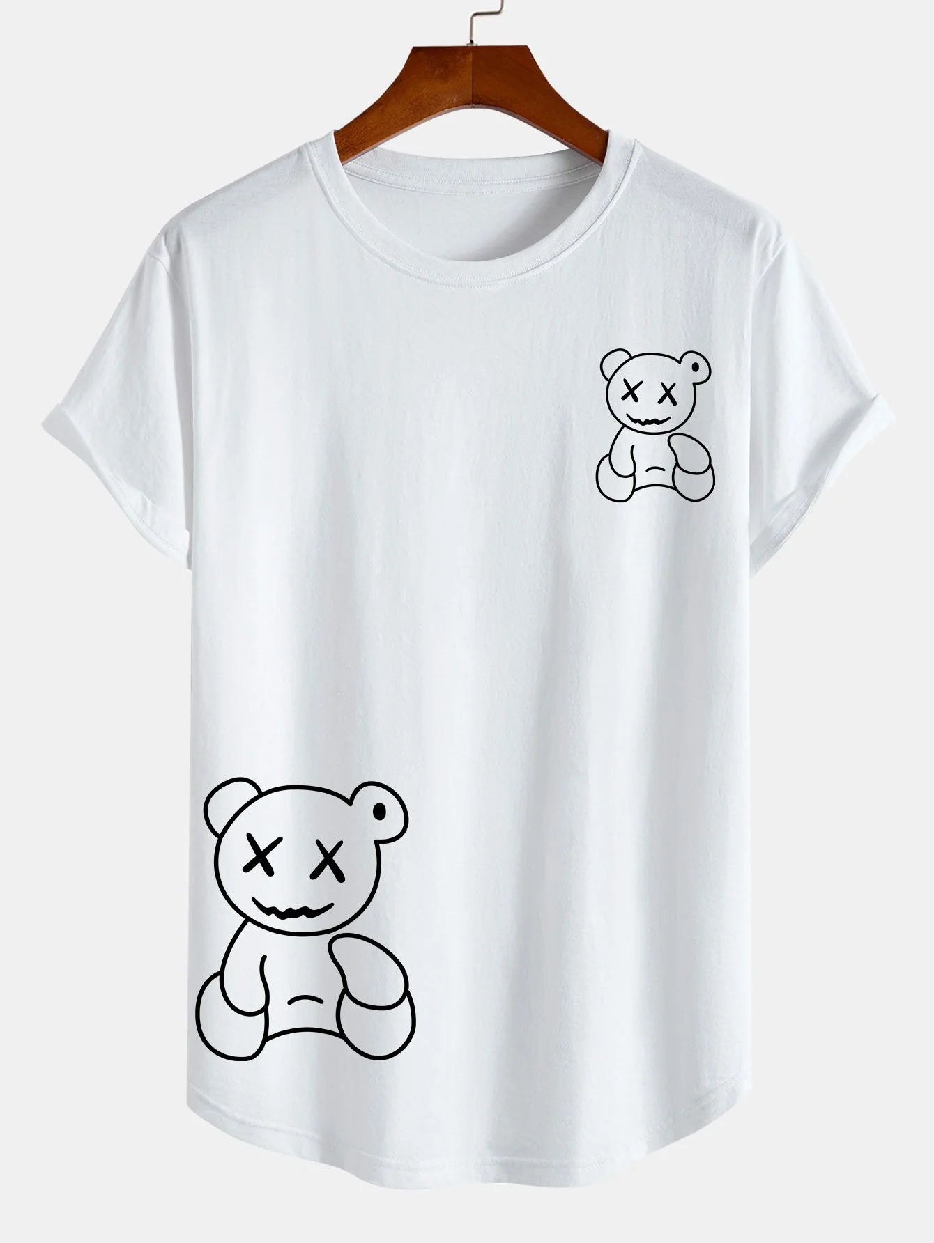 Linienförmiger Bärenabdruck Baumwoll-T-Shirt mit Bogen-Saum