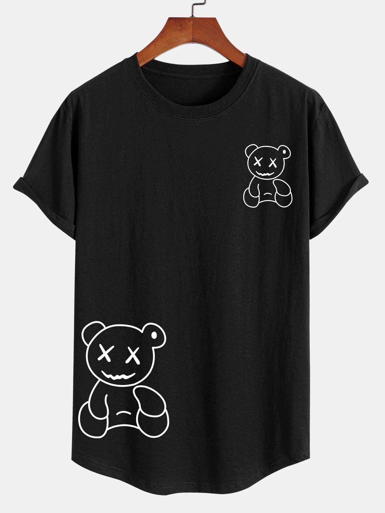 Linienförmiger Bärenabdruck Baumwoll-T-Shirt mit Bogen-Saum - Image 3