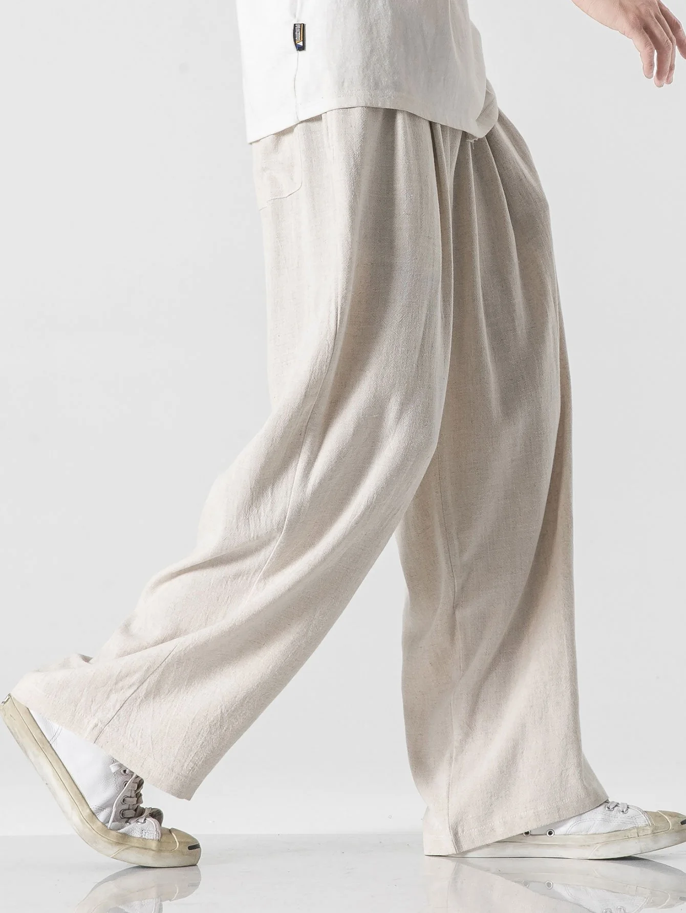 Leinen- und Baumwollmischung Relaxed Fit Weite Beinhosen - Image 3
