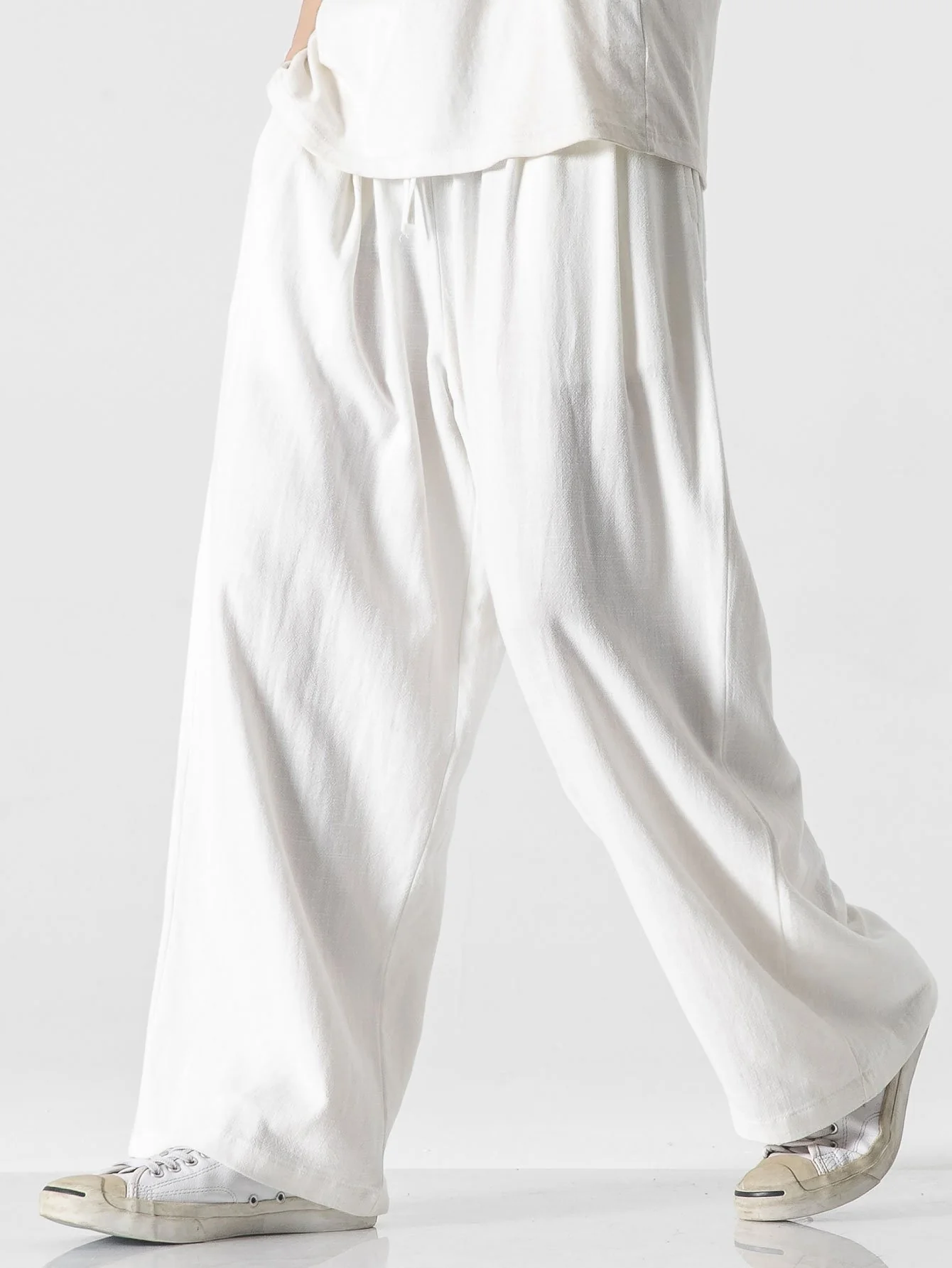 Leinen- und Baumwollmischung Relaxed Fit Weite Beinhosen - Image 4
