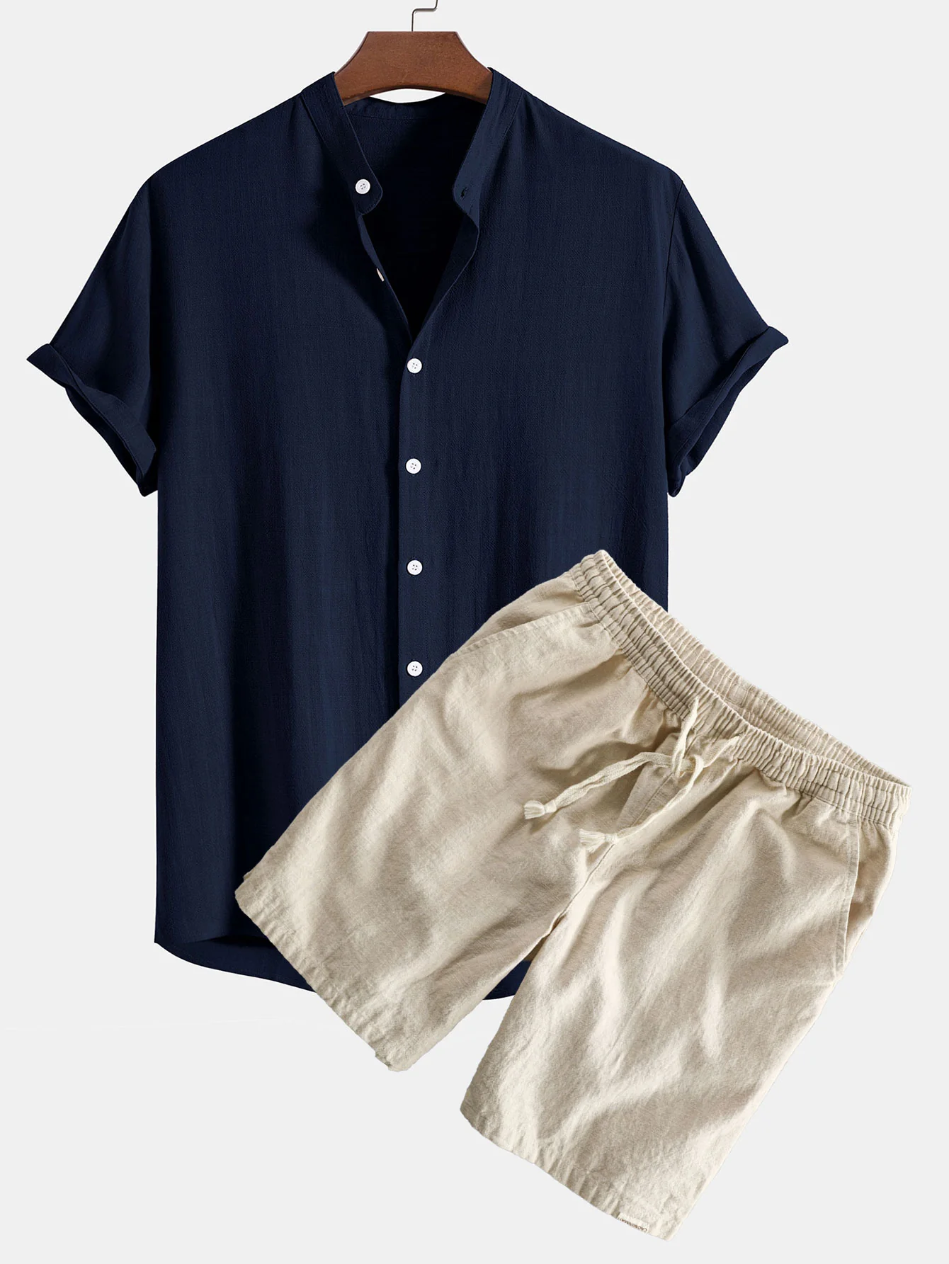 Leinen- und Viskose-Mischung Stehkragenhemd & Leinen-Baumwoll-Mischung mit Kordelzug-Shorts - Image 2