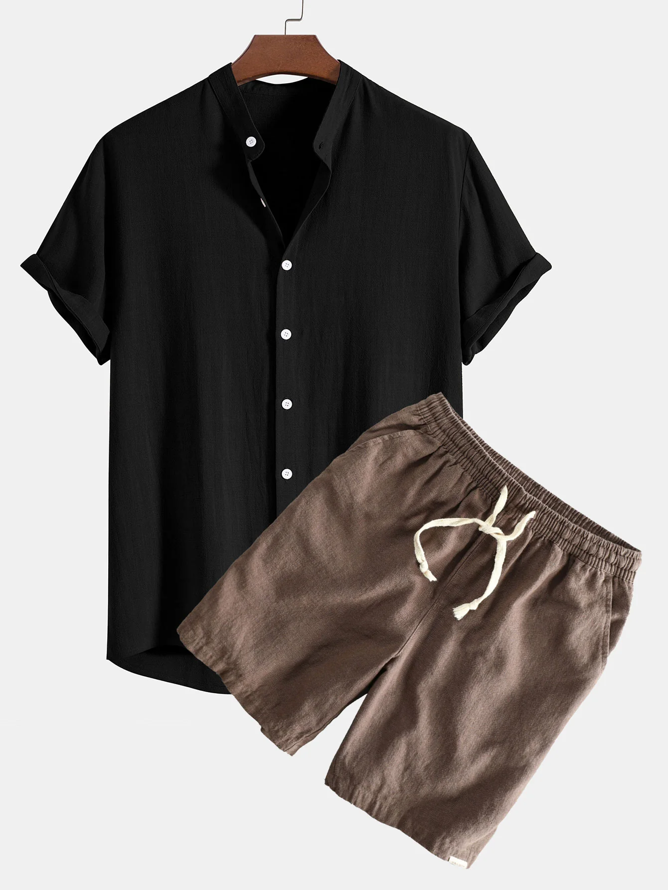 Leinen- und Viskose-Mischung Stehkragenhemd & Leinen-Baumwoll-Mischung mit Kordelzug-Shorts - Image 3