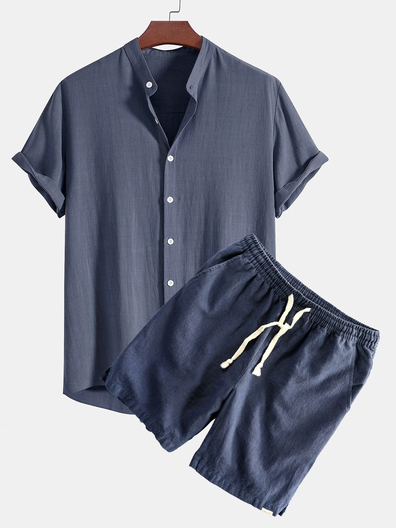 Leinen- und Viskose-Mischung Stehkragenhemd & Leinen-Baumwoll-Mischung mit Kordelzug-Shorts - Image 5