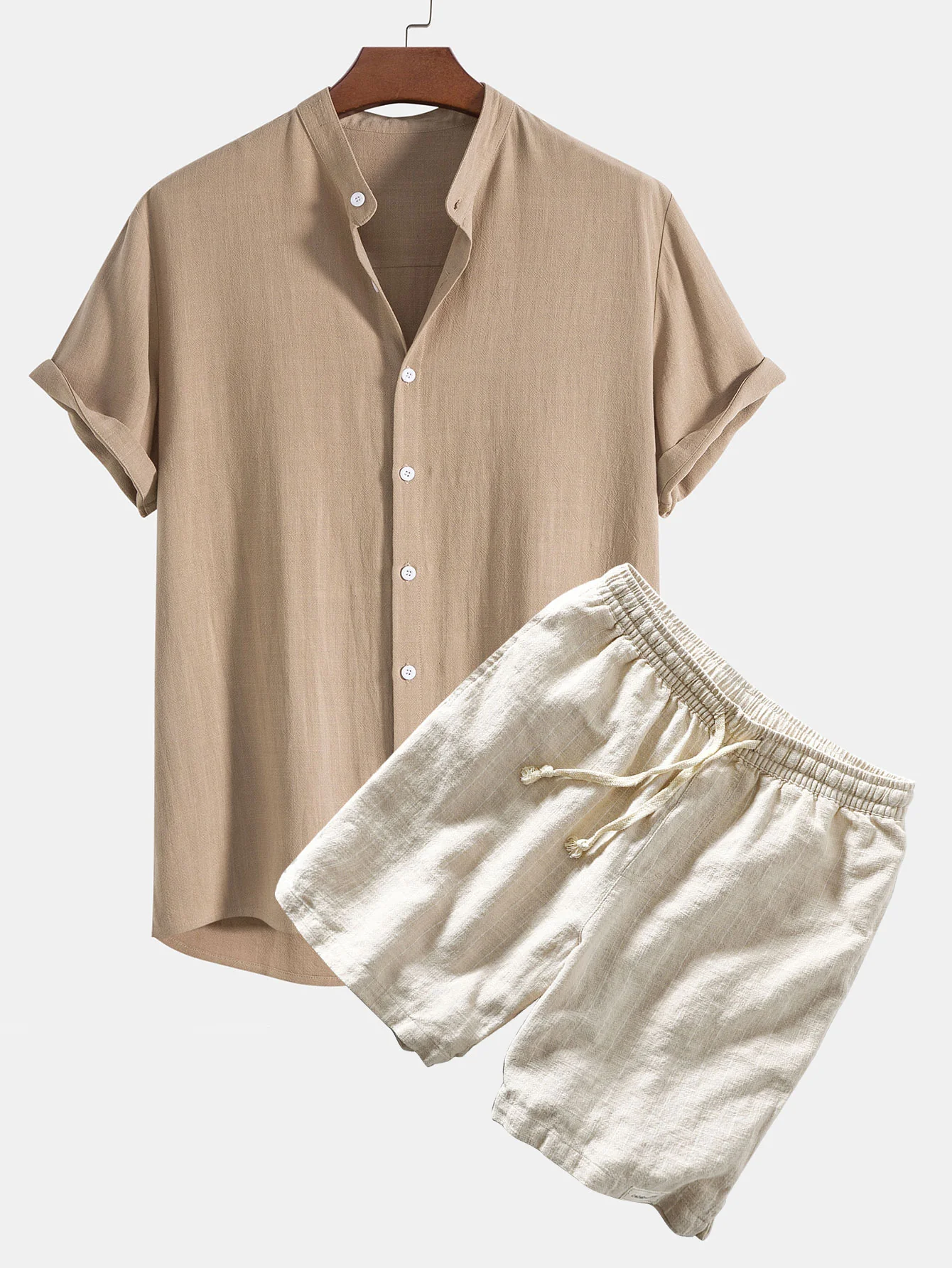 Leinen- und Viskose-Mischung Stehkragenhemd & Leinen-Baumwoll-Mischung mit Kordelzug gestreifte Shorts