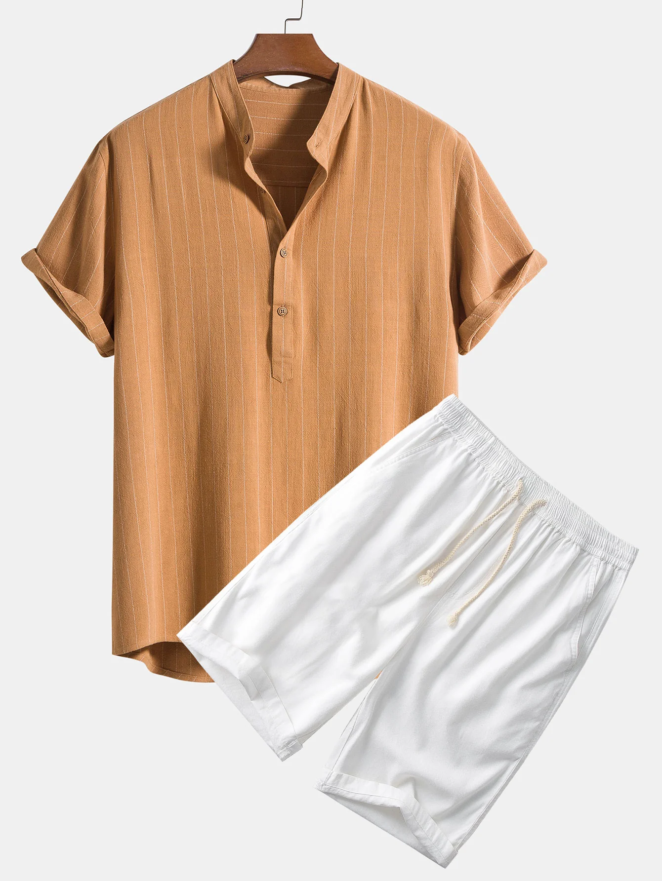 Leinenmischung gestreiftes Henley-Kragenhemd & Leinen-Baumwollmischung 11" Shorts - Image 2
