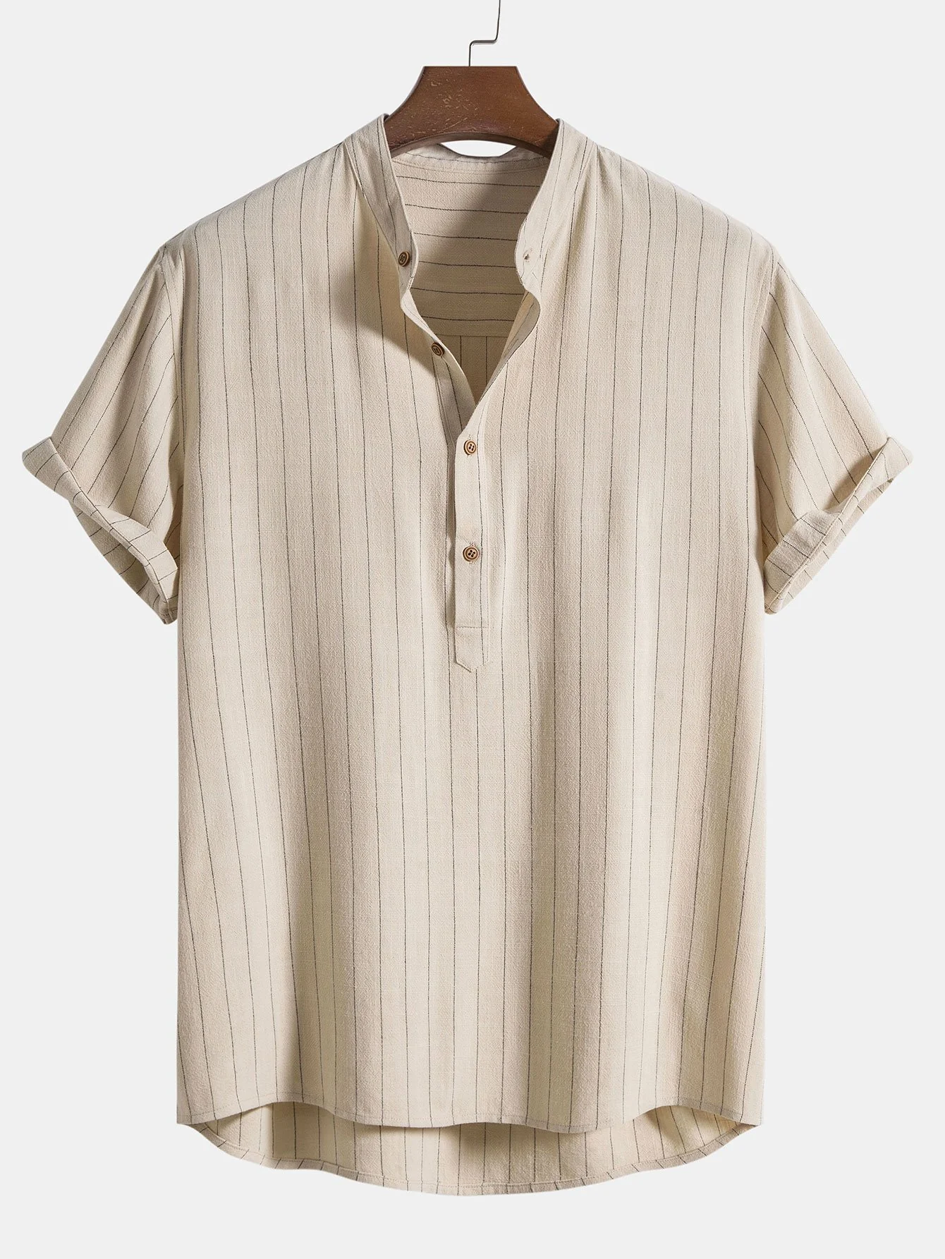 Leinenmischung gestreifter halb offener Placket Henley-Kragen Shirt