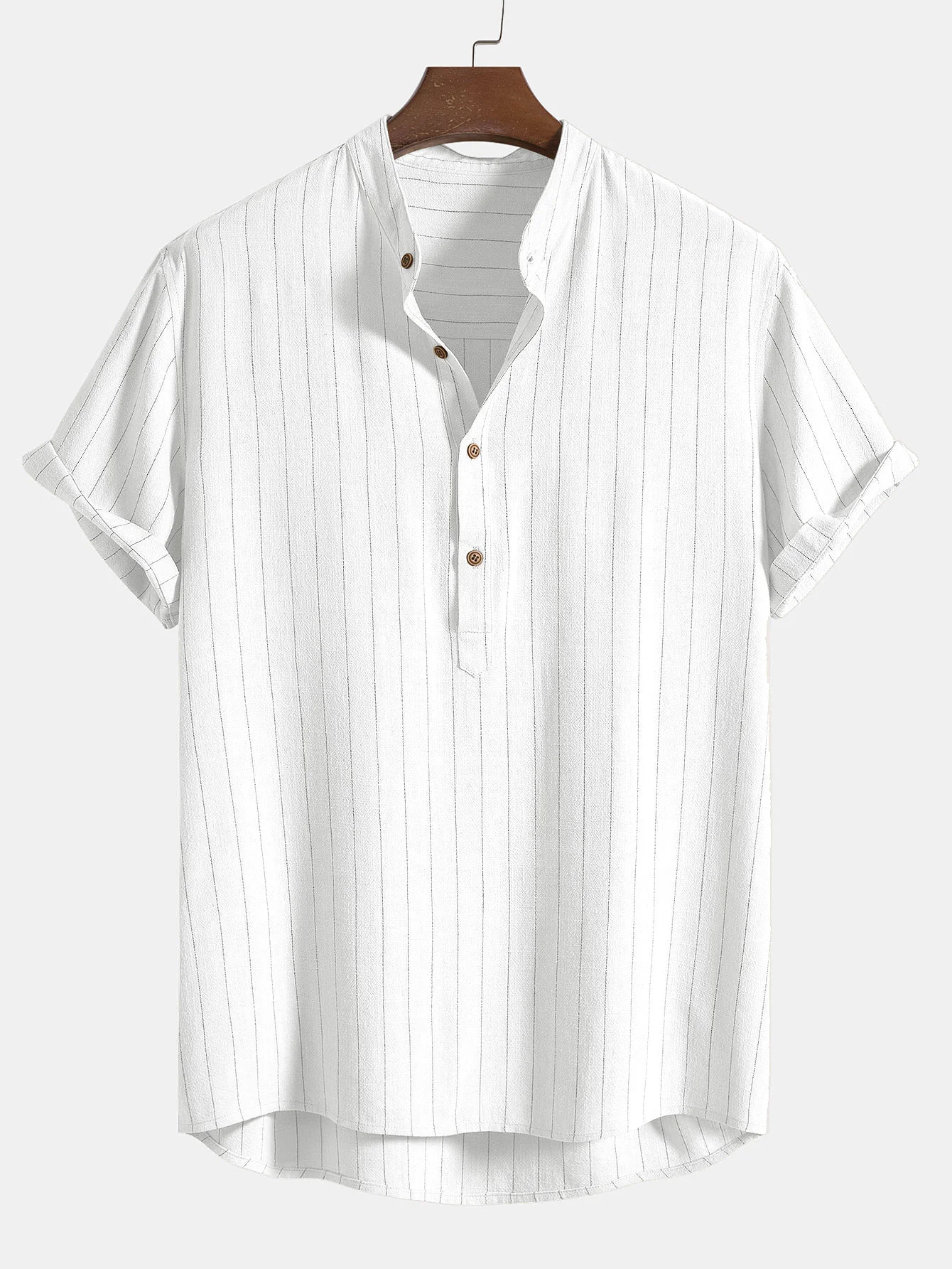 Leinenmischung gestreifter halb offener Placket Henley-Kragen Shirt - Image 3