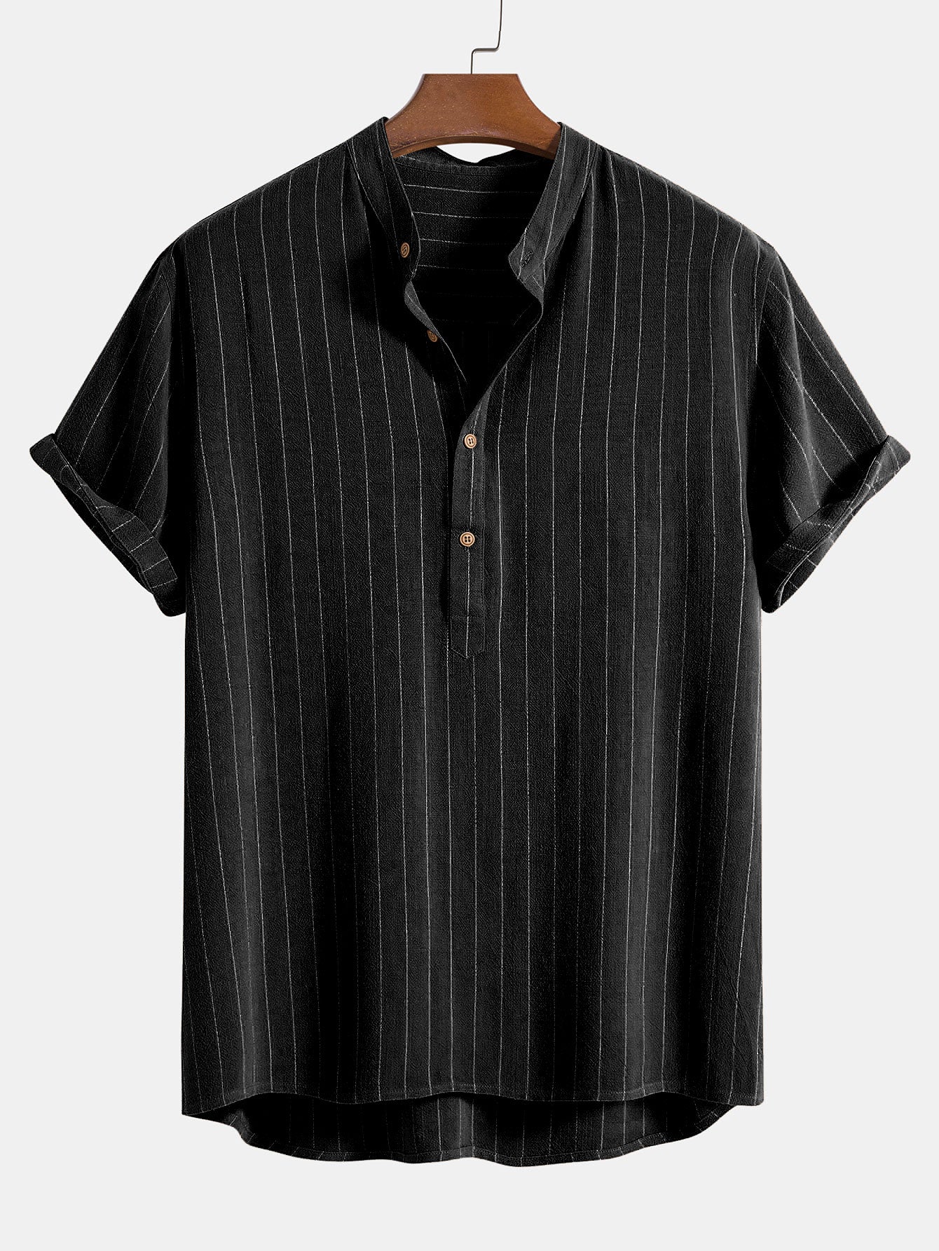 Leinenmischung gestreifter halb offener Placket Henley-Kragen Shirt - Image 4