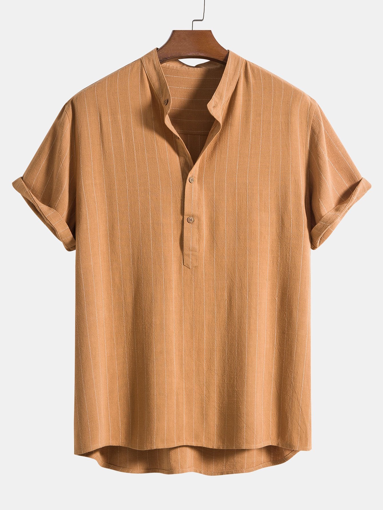 Leinenmischung gestreifter halb offener Placket Henley-Kragen Shirt - Image 5