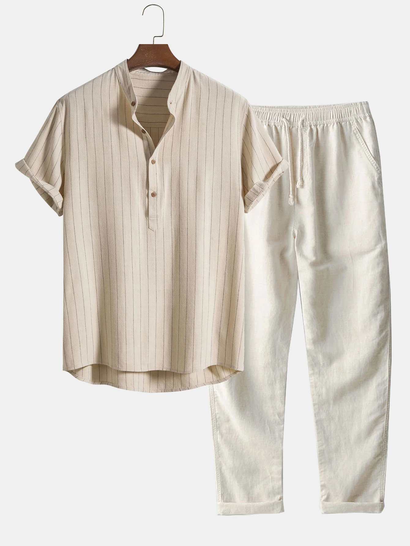 Leinenmischung gestreiftes halb offenes Placket Henley-Kragenhemd & gerade geschnittene Leinenhose