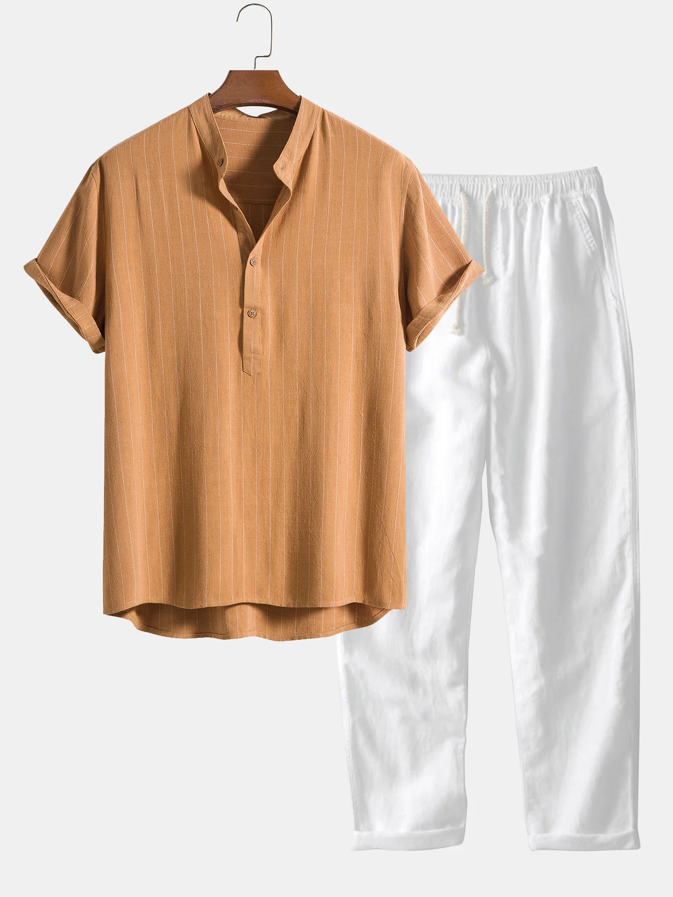 Leinenmischung gestreiftes halb offenes Placket Henley-Kragenhemd & gerade geschnittene Leinenhose - Image 2