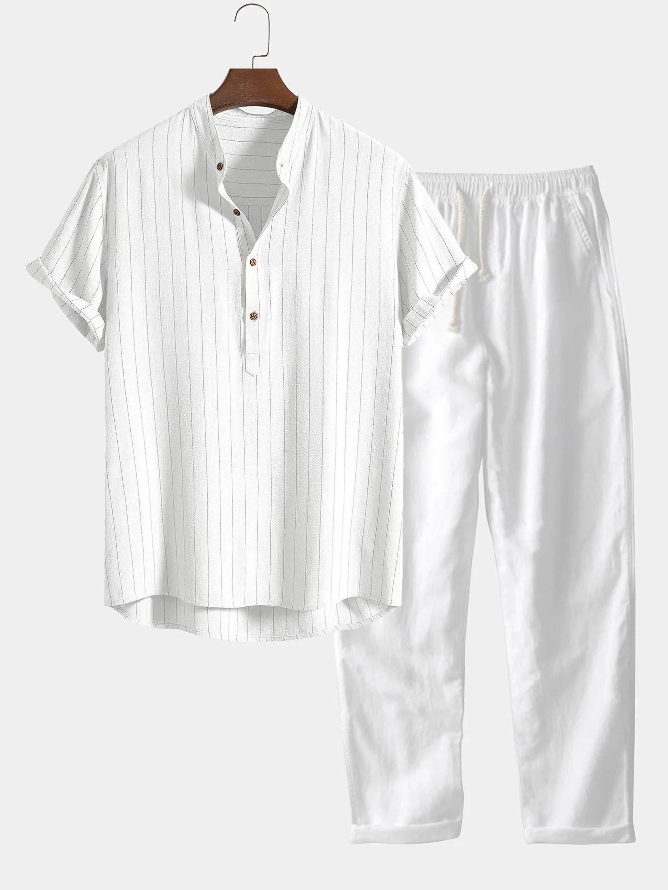 Leinenmischung gestreiftes halb offenes Placket Henley-Kragenhemd & gerade geschnittene Leinenhose - Image 3