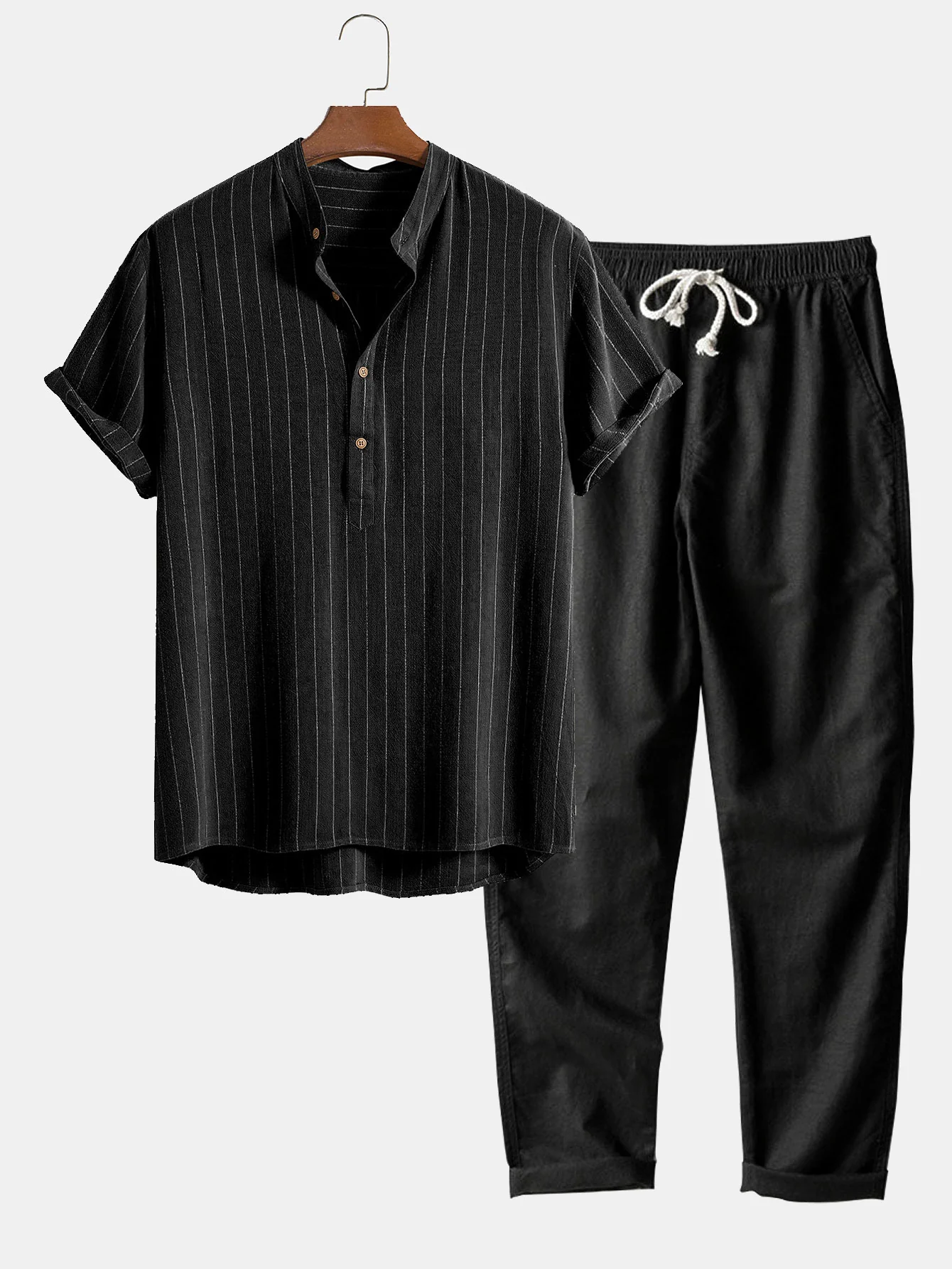 Leinenmischung gestreiftes halb offenes Placket Henley-Kragenhemd & gerade geschnittene Leinenhose - Image 4