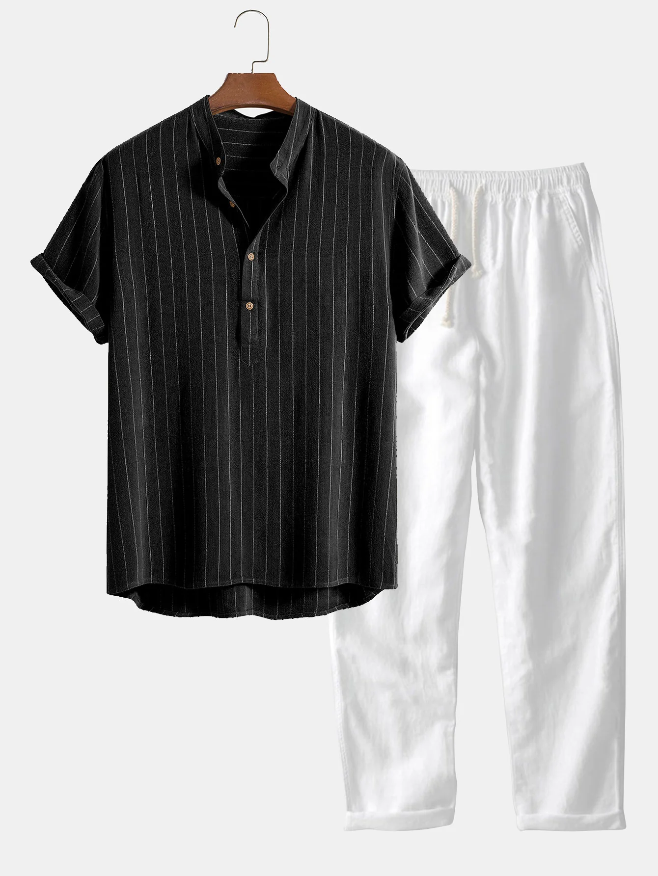 Leinenmischung gestreiftes halb offenes Placket Henley-Kragenhemd & gerade geschnittene Leinenhose - Image 5